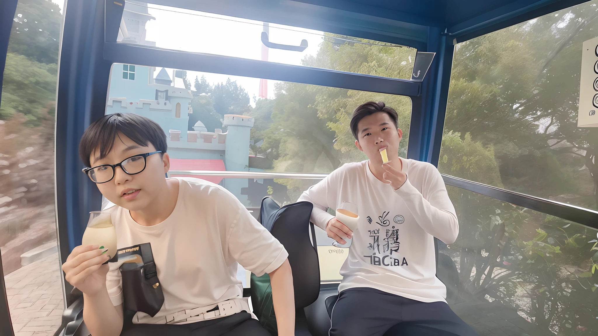 They sit on the tram eating and drinking, photograph taken in 2 0 2 0, low quality photo, Ruan Jia and Fenghua Zhong, vacation photo, taken in 2022, non blurry, very very low quality picture, low quality photo, taken in the early 2020s, ( castle in background )