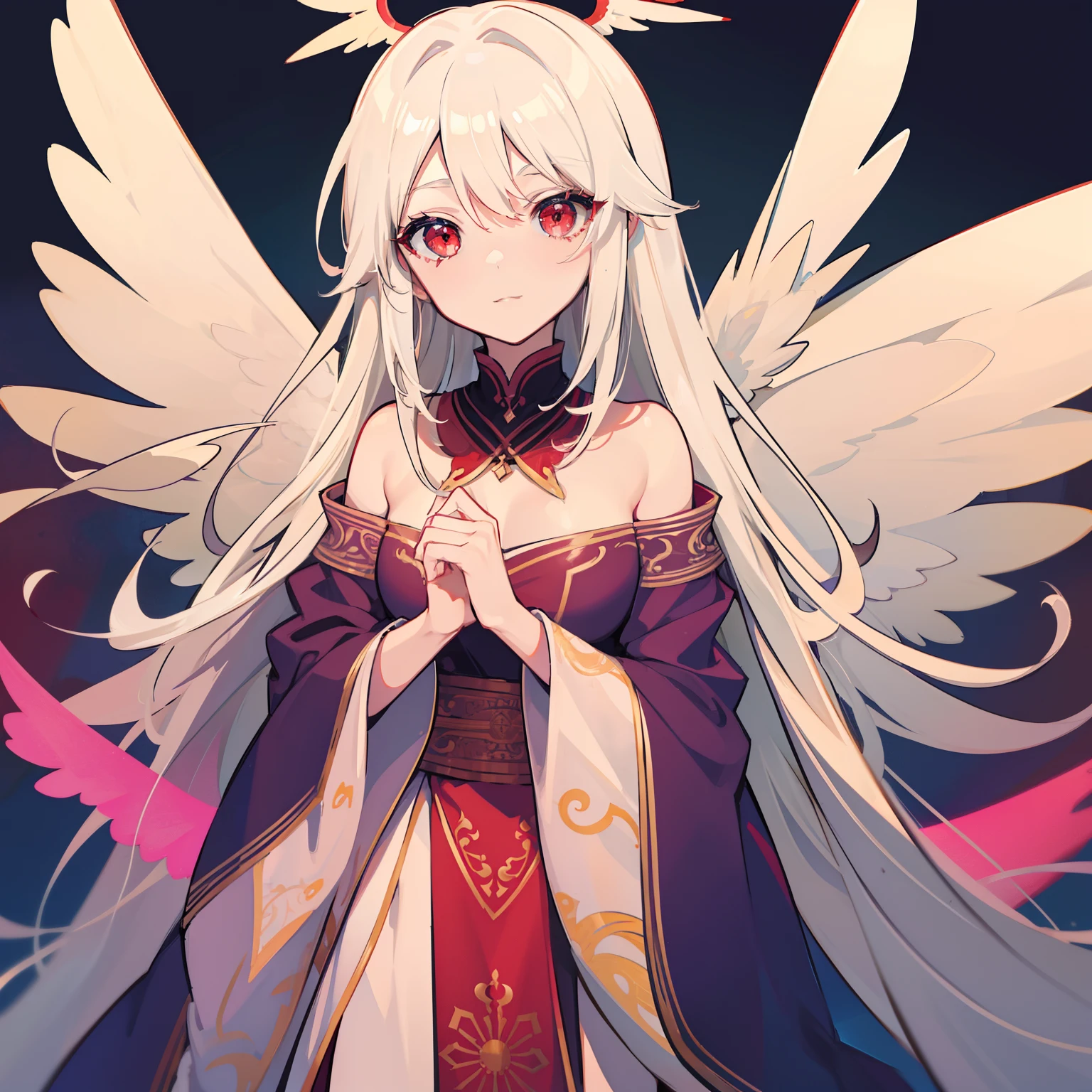 masutepiece, Fine detail, 4K, 8K, 12K, Solo, Solo, Beautiful Girl, caucasian female, Sariel, White hair, Red Eyes, Wings