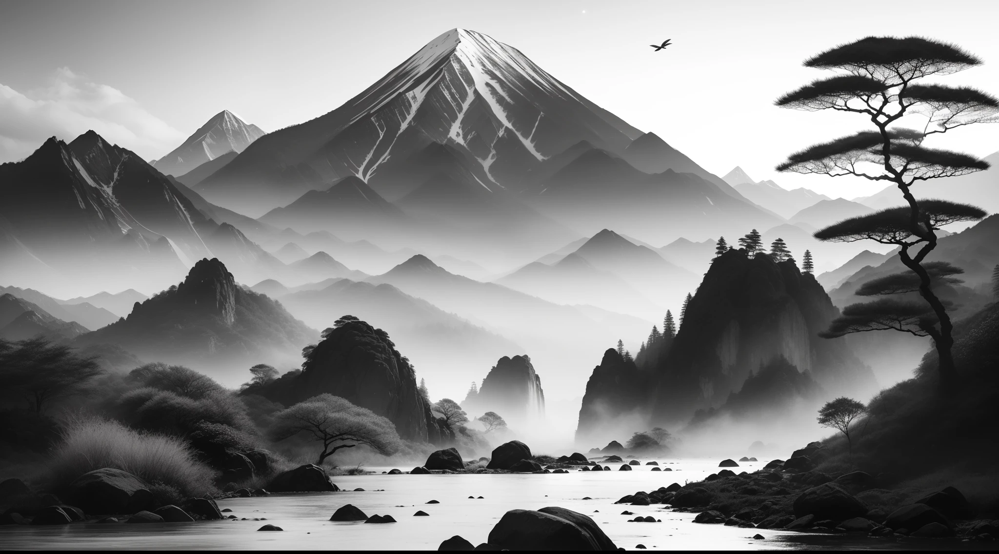 Landscape of the Alfid Mountains with rivers and waterfalls, author:Li Zai, Chinese ink painting, author:Cheng Jiasui, Chinese landscape, By Shen Quan, Chinese painting style, author:Julian, Traditional Chinese Ink Painting, Chinese watercolor style, author:Xu Xi, China ink painting, author:Song Xu, author:Guo Xi, mist from waterfall