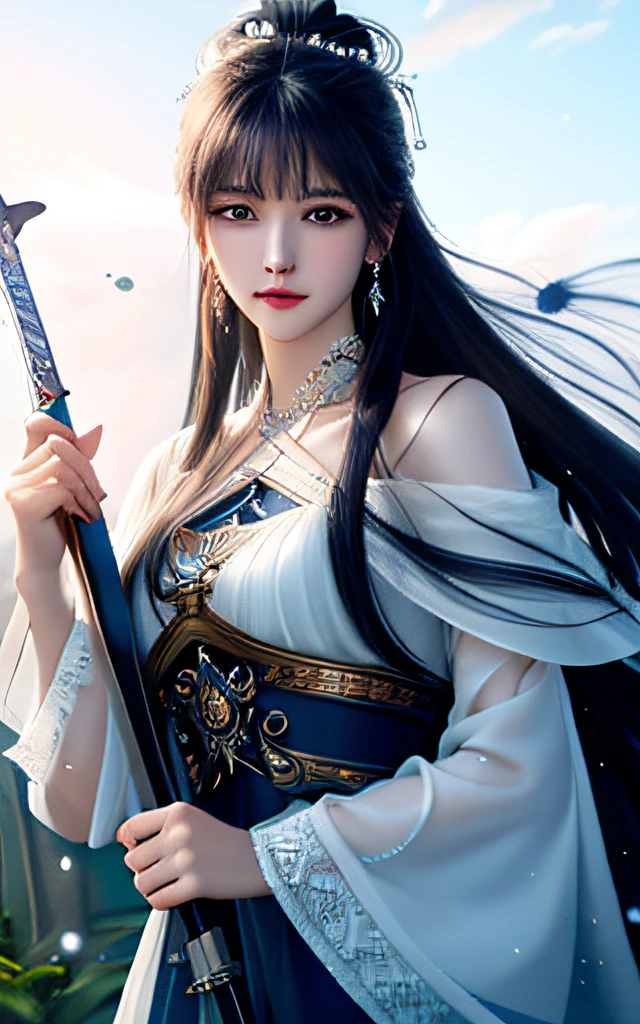 best quality,masterpiece,highres,cg,
1girl,weapon,sword,long hair,dress,water,solo,jewelry,white dress,earrings,hair ornament,splashing,upper body,hair bun,black hair,
lighting,candid,Photograph,high resolution,4k,8k,Bokeh,