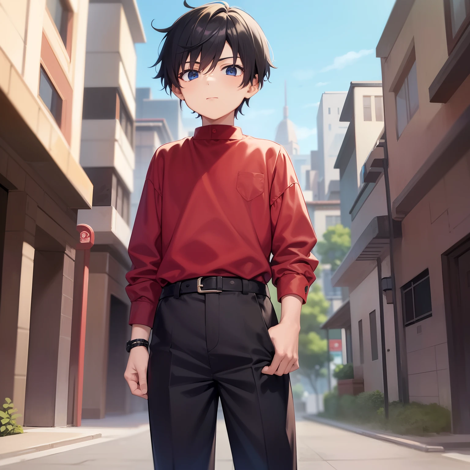 "(sozinho,1 menino)(, Anime Boy with red shirt and black pants standing in a futuristic city), menino anime com penteado preto da cortina, retrato, cara a cara".