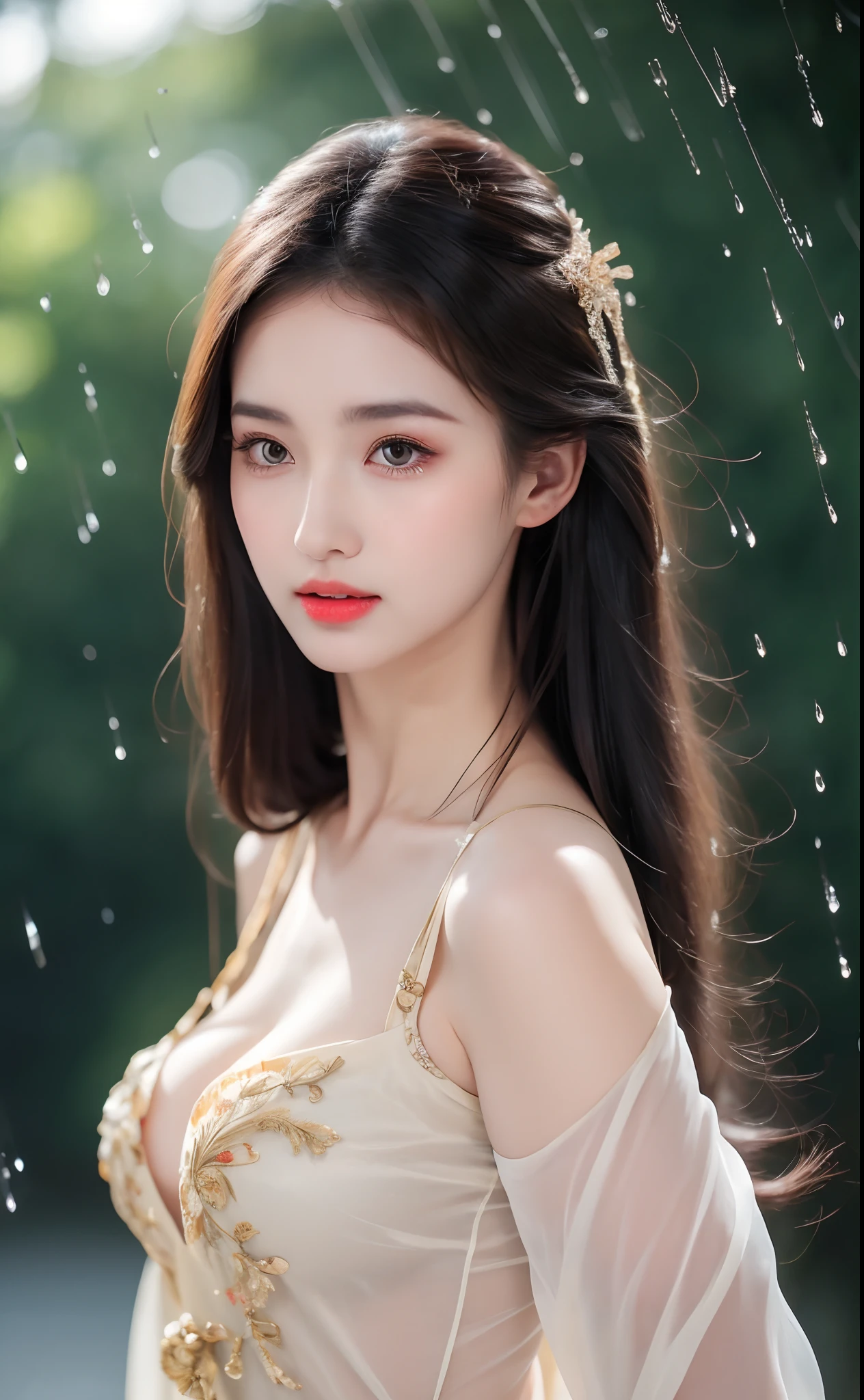 ((Best Quality, 8k, Masterpiece: 1.3)), Focus: 1.2, Perfect Body Beauty: 1.4, Buttocks: 1.2, ((Layered Haircut)), (Wet Clothes: 1.1), (Rain, Street:1.3), (Breasts: 1.2), (Hanfu: 1.2), Bare Shoulders, Bare Legs, Highly Detailed Face and Skin Texture, Fine Eyes, Double Eyelids, Whitened Skin, Long Hair, (Shut Up: 1.5), (Bokeh Background: 1.5), Big Breasts