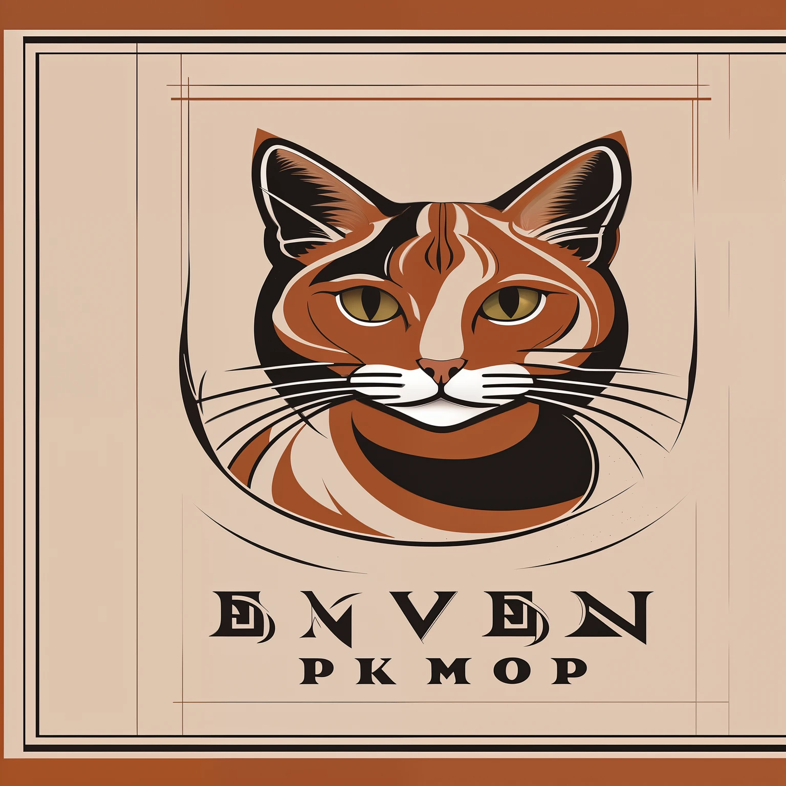 There is a picture of a cat that is on a wall, raposa, inspirado em J.C. Leyendecker, inspirado em J. C. Leyendecker,, design do gato, cat head, por Wayne England, inspirado em Frank Xavier Leyendecker, Logotipo minimalista, sexshop, marrom, branco e preto
