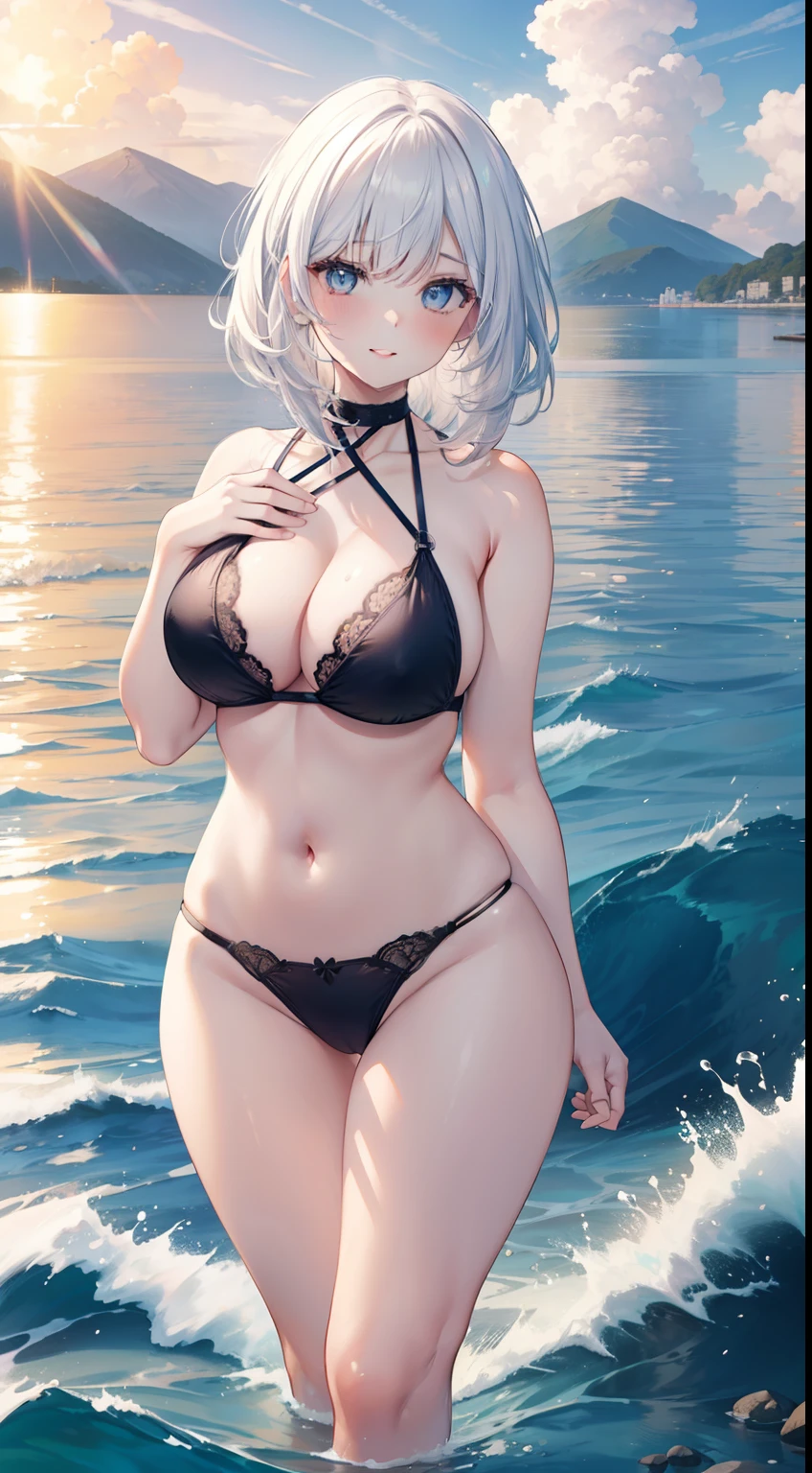 Full-size adult woman, white hair color, blue streaks, full height, light eyes, smiling, mouth, lips, wearing transparent, hand holding handrail, ahageo-shaped grimace, ((sexy bikini)), perfect belly , thin waist, big chest, white skin color, thick legs, thick thighs, bangs, lace underwire bra, side locks, mountain, yellow tree leaves, background scenery, on water, sunset, ocean, waves in the water, ultra detailed water, solar lighting, beautiful afternoon, clouds, wind in your hair, leaves flying, details in the environment, more vivid colors, saturated effect