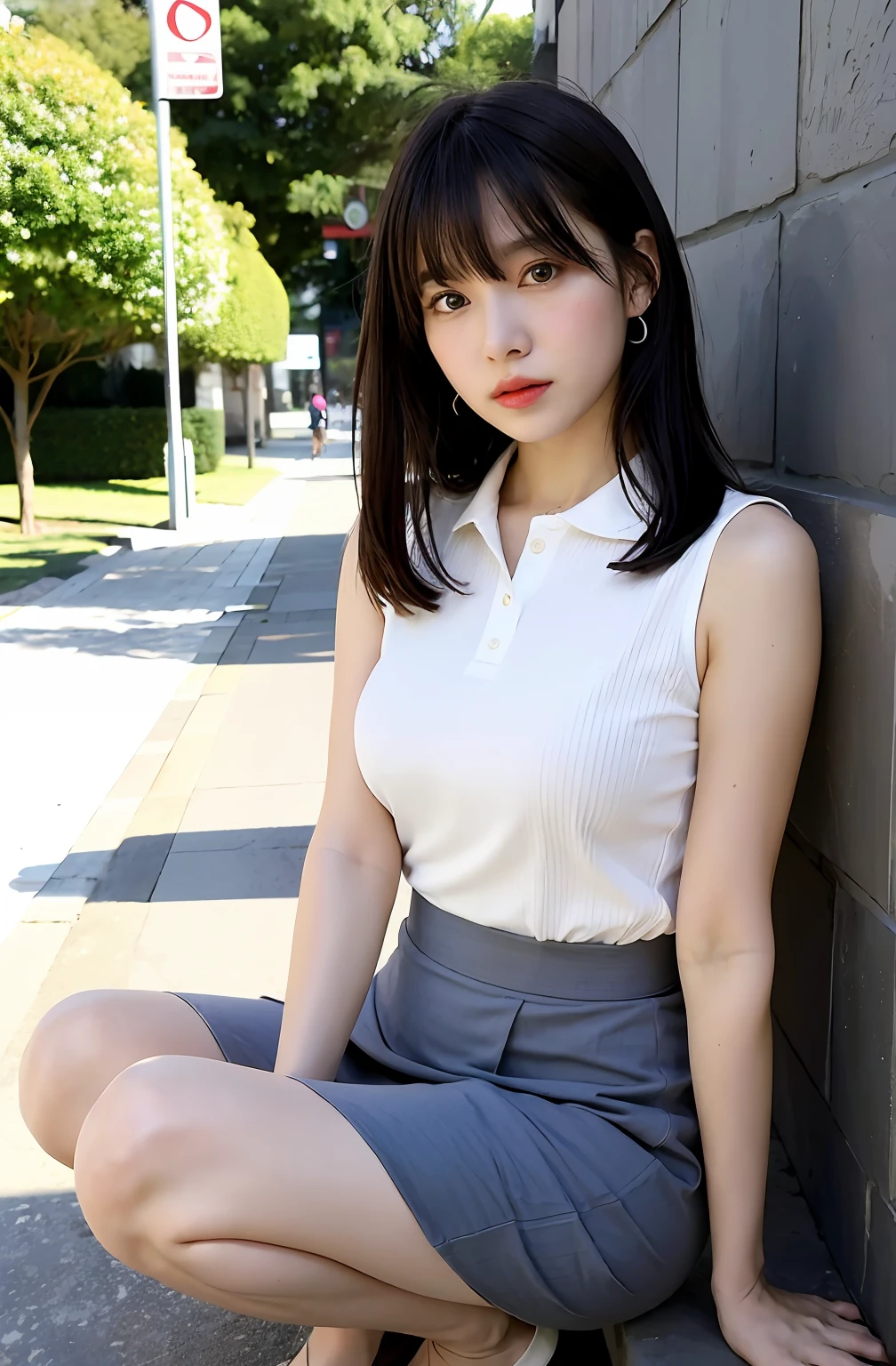 ((8K)、top-quality、masterpiece、超A high resolution:1.2)Photo Beautiful Japan woman(pleasing:1.1) Elegance、There is a good、Transparent atmosphere、Beautiful face、Gradient lighting、1girl in、Delicate skin、Look into the distance、Brown-eyed、(short hair with bangs:1.2)、(breasts are large:1.0)、(medium ??????:0.8)、(realisitic:1.4)、(top-quality:1.0)、(超A high resolution:1.0)、8K、Raw photography、(masterpiece:0.2)、(pureerosface_v1:0.5)、Contrast Trim Polo Neck Bodycon Dress、Onepiece、Polo shirt style dresses、Super Mini Length、the skirt is short、Futomo、cotton clothes、Mini dress、Collared dress、no sleeves、Sleeveless、Tight、barechested、cotton clothes、no sleeves、Sleeveless、want me、Take your eyes off、Harajuku、Omotesando、Stylish cityscape、Street Trees、subject、Lean、Look here、Ass big、a large bust、Kinda chubby、Bangs shed to the side、big butts、neat and well-groomed hairstyle、Bring your chest together、Feels、Mouth slightly open、Brown clothes、Angle from the side、a necklace、crouching down、Squat down and look here、Ass big、Futomo、Squatting on the ground、sit in、Opening legs、Open Ashi、pantiy、Open both legs、s ass、deep in the night、natta、total darkness、Streetlight、look down from above、