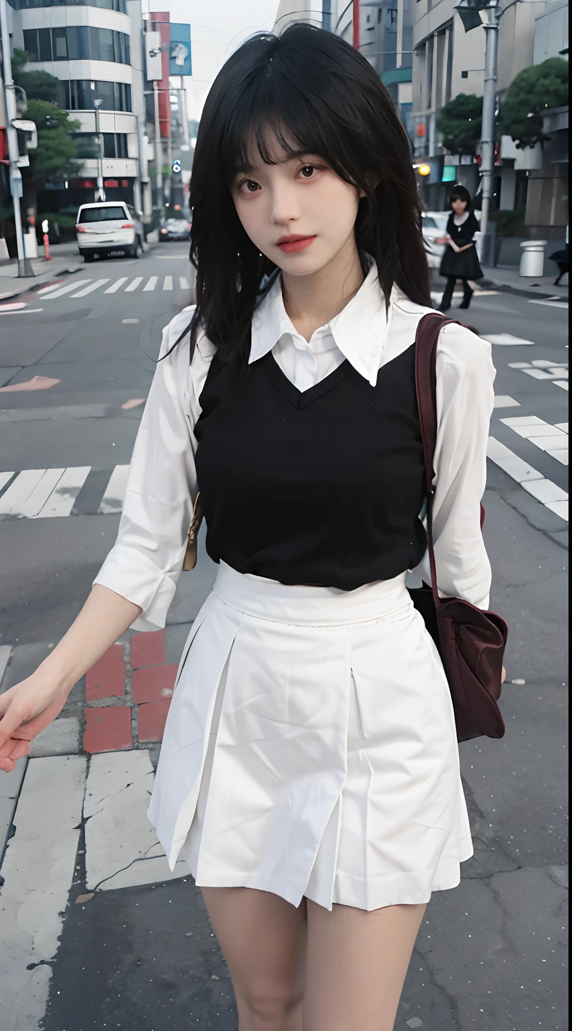best qualtiy， 超高分辨率， （realisticlying：1.4），1 girl ，Focus:1.2, Bigchest：1.6，brassier：1.4，perfect figure beautiful woman:1.4 , pelo rojo corto，(Streets of Tokyo:1.3), Highly detailed facial and skin texture, head straight-looking at viewer，A detailed eye, 二重まぶた，Red lips，eye shadows，Whiten skin，(Air bangs:1.3),,(White thin skirt:1.4)