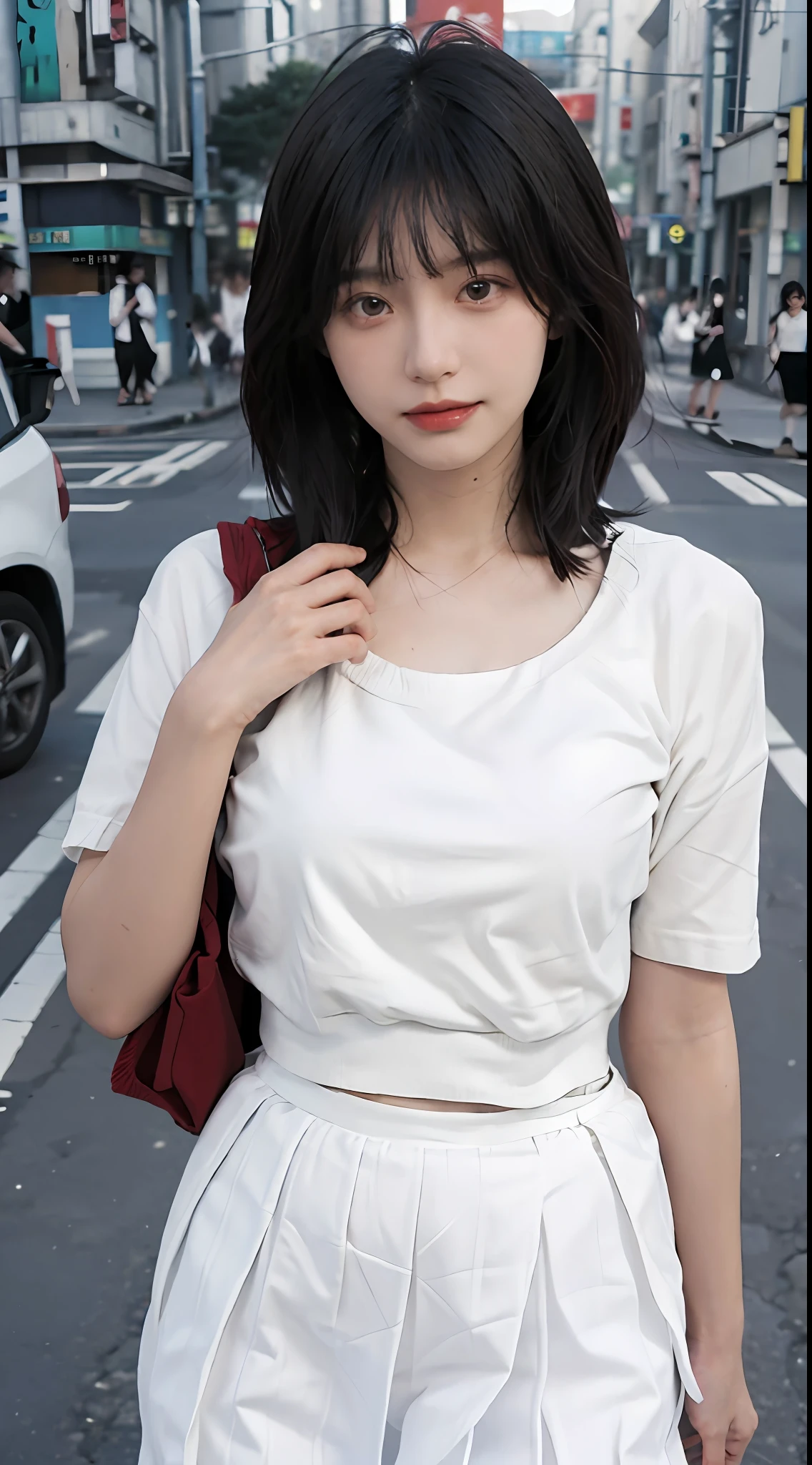 best qualtiy, 超高分辨率, (realisticlying:1.4),1 girl ,Focus:1.2, Bigchest:1.6,brassier:1.4,perfect figure beautiful woman:1.4 , pelo rojo corto,(Streets of Tokyo:1.3), Highly detailed facial and skin texture, head straight-looking at viewer,A detailed eye, 二重まぶた,Red lips,eye shadows,Whiten skin,(Air bangs:1.3),,(White thin skirt:1.4)