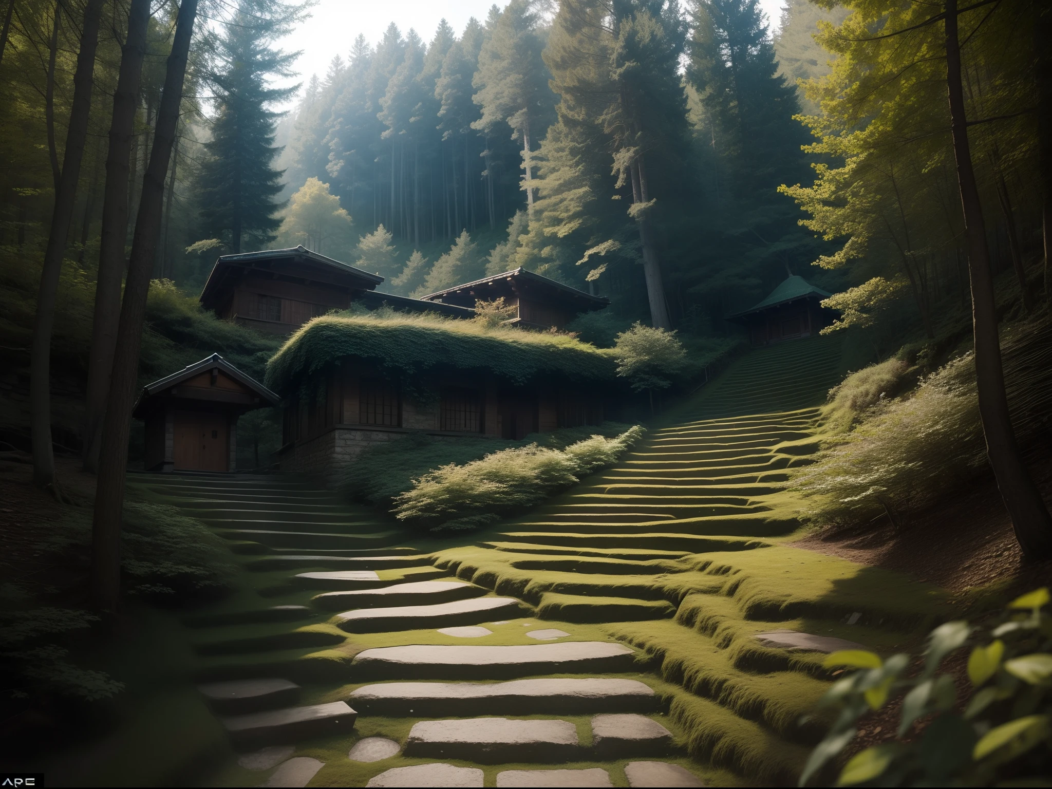Up the green slope, beneath the forest's roof, 
With slow, soft steps leaving the mountain's steep, 
And sought those inmost labyrinths, motion-proof