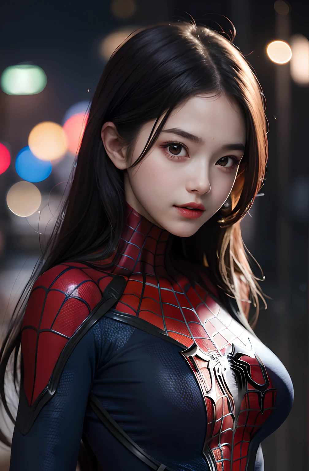 1girl, cute, , seductive expression, look at viewer, spiderman cosplay, photo, realistic, best quality, hires, detailed face, detailed background, diffused lighting, depth of field, bokeh, big boobs, sexy body