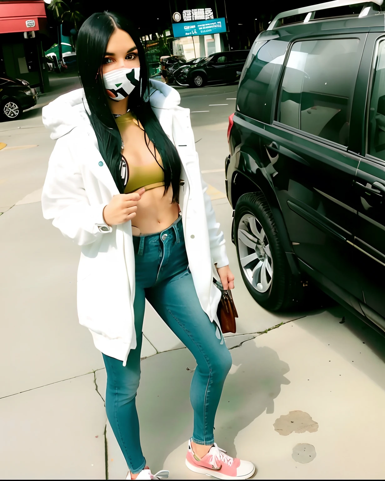 Woman wearing mask and jacket standing on a sidewalk next to a car, desgaste - estilo branco, foto da roupa, 🤬 🤮 💕 🎀, she is wearing streetwear, #Oc, # Oc, 😭 🤮 💕 🎀, standing in a parking lot, sentada em seu carro, vestindo roupa acne, wearing jeans and a black hoodie, streetwear casual bonito