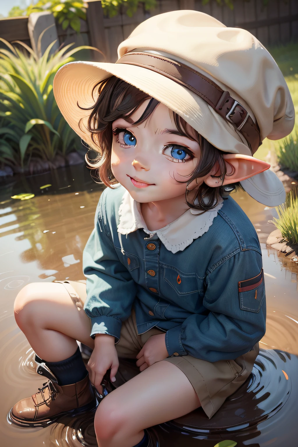 Mid-range scene,A cute boy，Wearing boys' clothes，lovely digital painting, Cute detailed digital art, , The  boy is 6 yrs ol blue eyes, with short brown hair, Cute face, Little boy in hat，The face was painted with colored paint，ssmile，cheerfulness，lovely digital painting, portrait of very beautiful elf, Cute detailed digital art, A cool expression，The expression is mischievous, Lying in a puddle of mud，