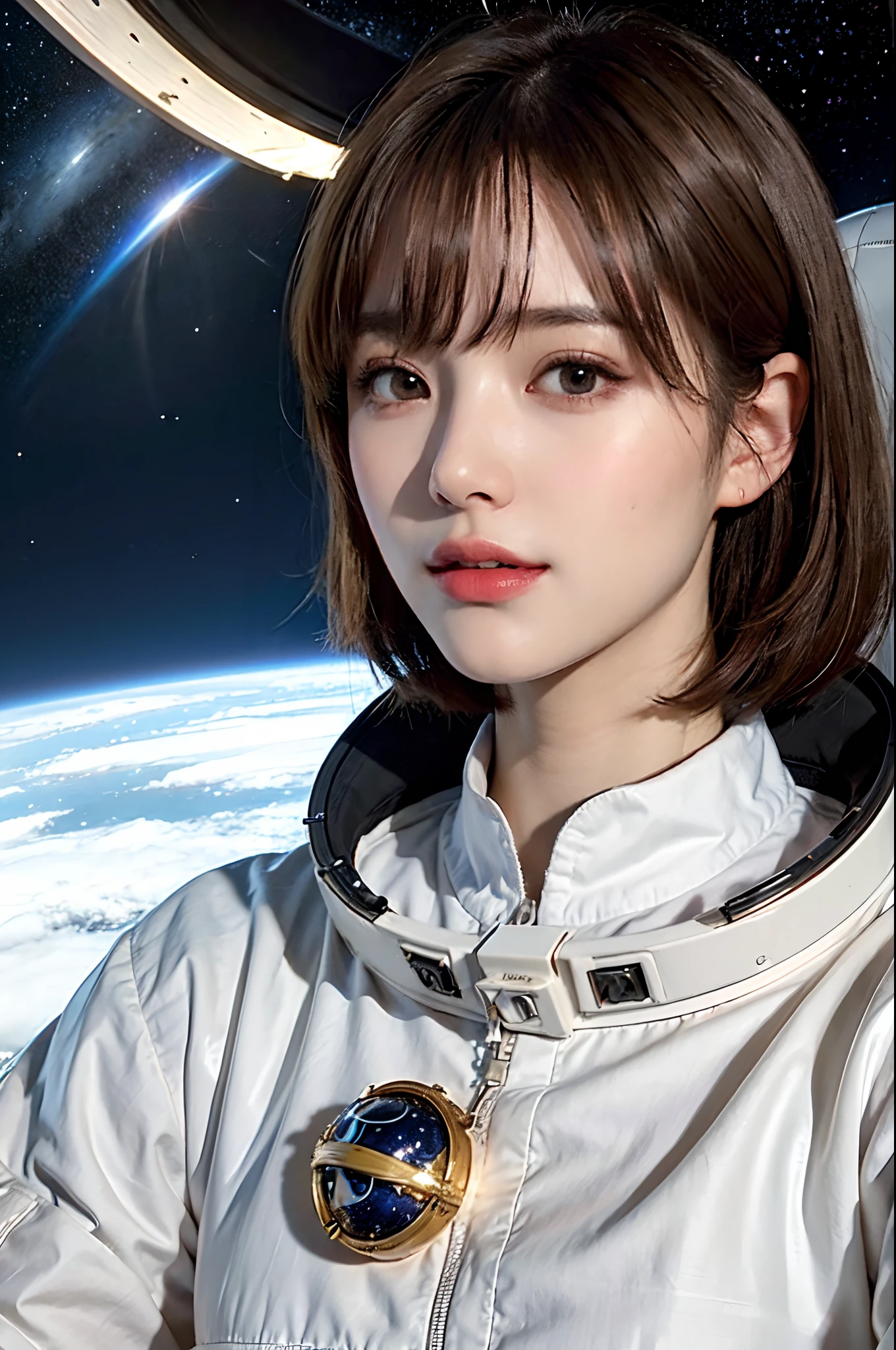 top-quality、​masterpiece、超A high resolution、(realisitic:1.4)、portlate、a closeup、Beautiful adult woman、Beautiful detail eyes and skin、ssmile、Light brown short-cut hair、space suits、Inside the spaceship、Outside the window is outer space、Moon or stars、