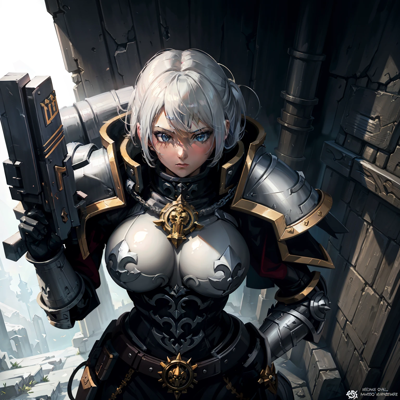 Close-up of a woman dressed in black and white, Armor Girl, biomechanical oppai, glossy white armor, bikini armor, bikini armor, Anime goddess, pvc armor, fus rei, Female action anime girl, gynoid body, cushart krentz, oppai, bikini armor, Anime girl, Shiny plate armor，fantasy paladin woman, warhammer 4 0 k fantasy, picture of female paladin, Warhammer fantasy art, warhammer 4 0 k artwork，warhammer 4 0 k artwork,  2b, High quality digital concept art, wh 4 0 k art, warhammer 4 0 k fantasy, warhammer 40k style, WH40K, w 4 0 k, warhammer art