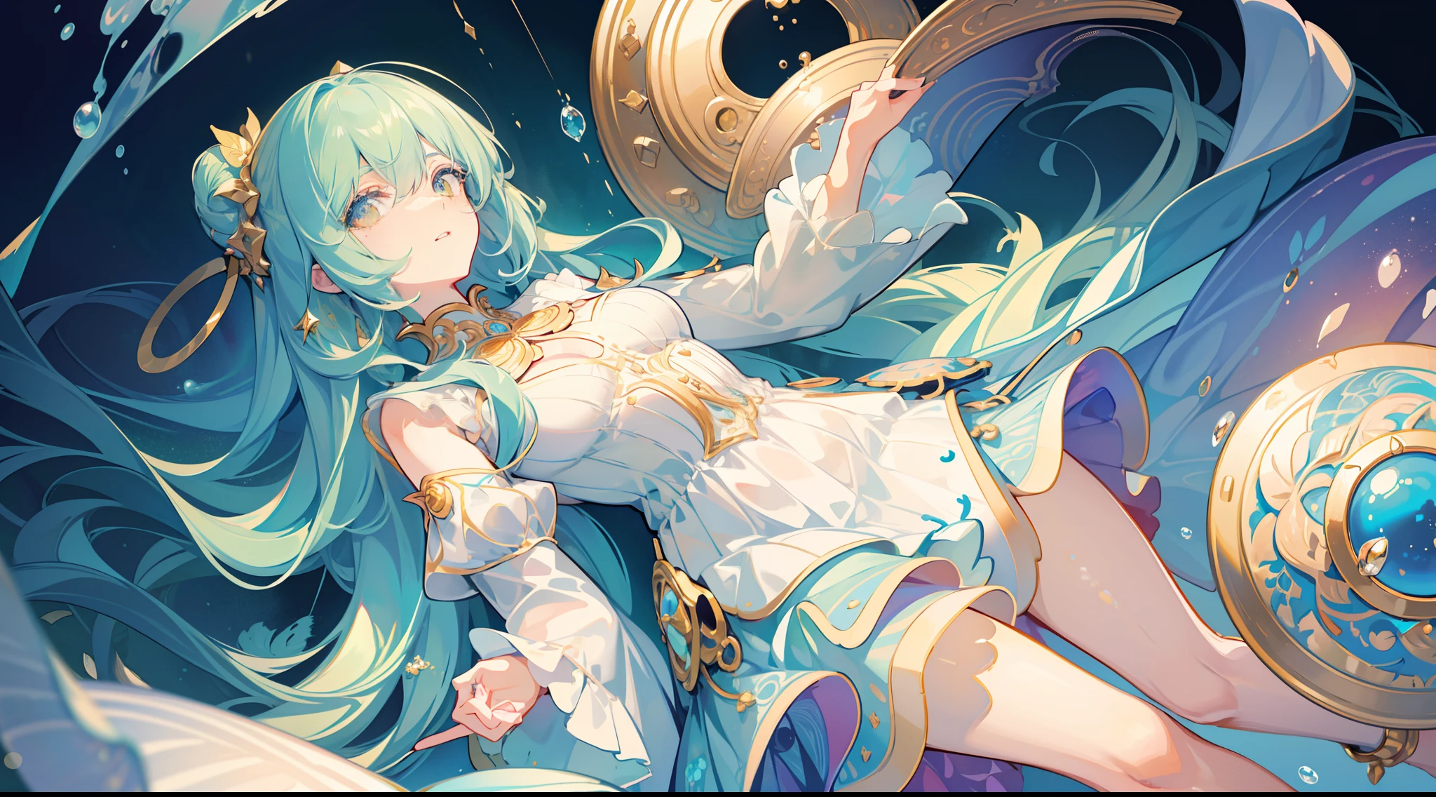 masterpiece, best quality, 8k resolution, sharp focus, intricate detail, beautiful girl, sparkling eyes, golden ratio face, otherworldly liquid, watercolor, pastel colors, bright colors, whimsical, colorful, sharp focus, high resolution, fine detail, ((layered tiered puffy long sleeves ballgown)), ((round eyes)), iridescent bubbles, fantasia background