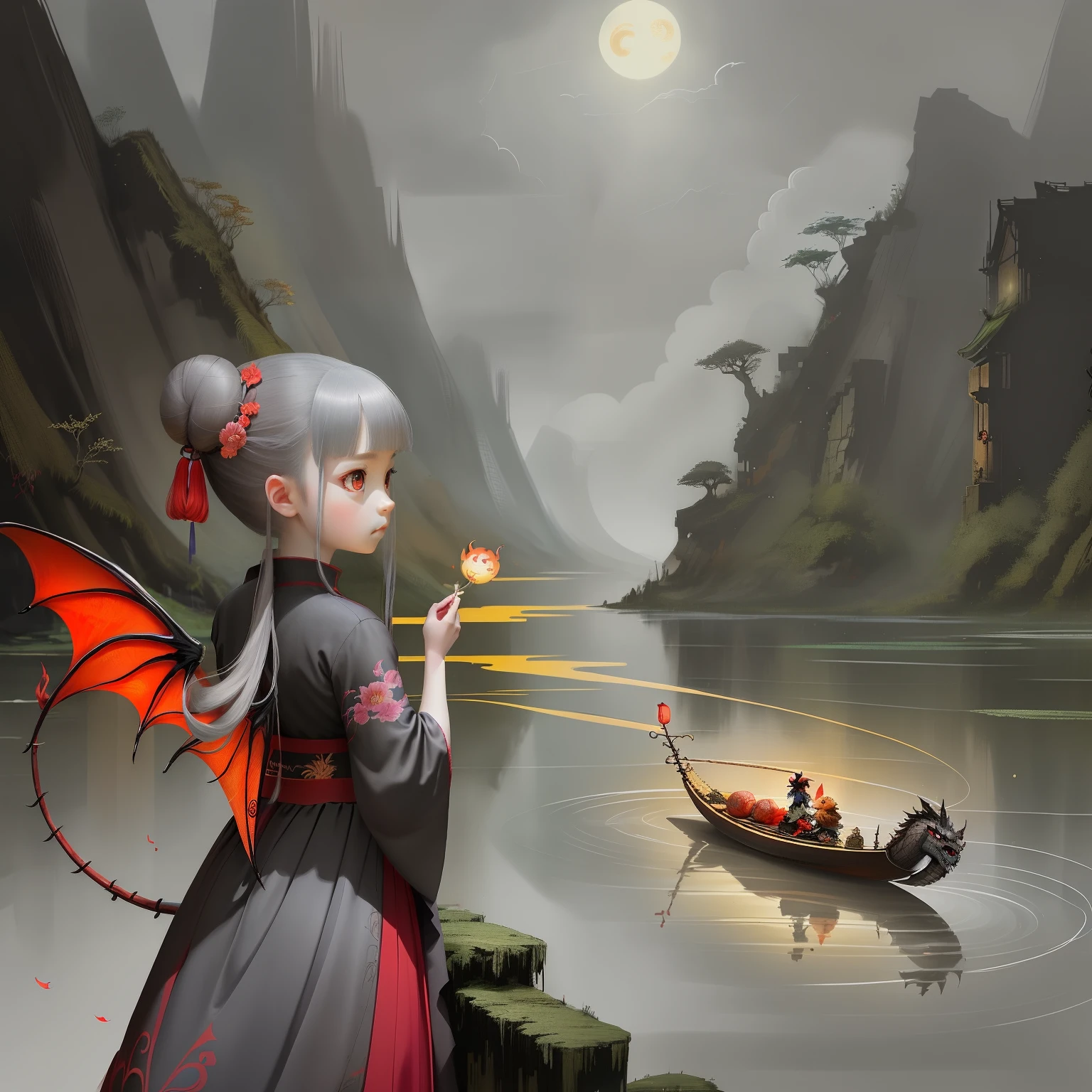 masterpiece, best quality,Chinese fairy, 1girl\(loli\) and iris red dragon, Chinese dragon pan glaring at girl, bun, dark gray background,