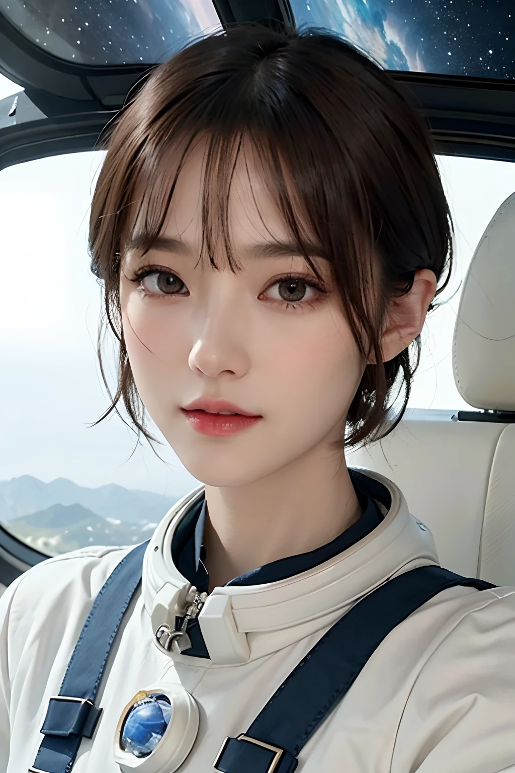 top-quality、masterpiece、超A high resolution、(realisitic:1.4)、portlate、a closeup、Beautiful beautiful adult woman、Beautiful detail eyes and skin、ssmile、Light brown short-cut hair、space suits、Inside the spaceship、kosmos、