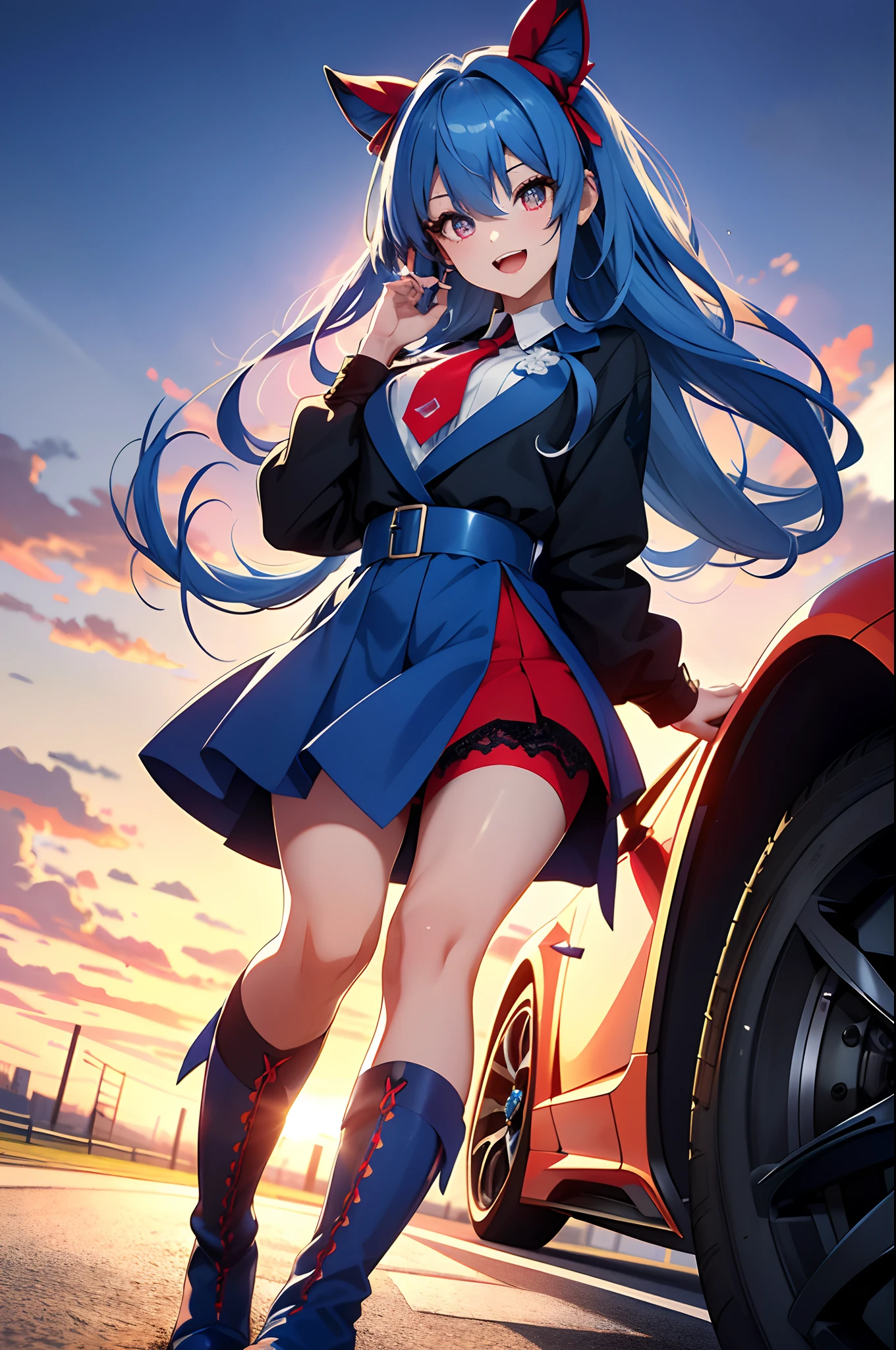 (top-quality、in 8K、32K、masterpiece、UHD、ighly detailed、Photorealsitic:1.2)、Full body, (Circuit field、sports car on the background:1.4)、sunlights、deep-shadows、Realistic pupils、Sharp pupils、detailed faces and eyes、beauitful face、18Old Beautiful Girl、shinny skin, Beautiful blue hair、Twin-tailed、Red Eyes、beauitful face、Bright lace queen outfit、a miniskirt、Wearing boots、Absolute area、Tie your hair with a big red ribbon、Curve、raise arms、Opens mouth and laughs、