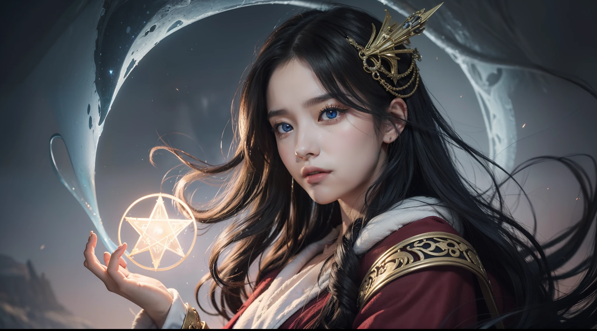 Above the rising clouds,Daytime, Dark, (Fantasy),infinite,deep blue sky,The abyss of knowledge,Cowledge,((masutepiece)), (((Best Quality))),((Beautiful fine eyes)),(Eye lashes)、Realistic clouds、Very beautiful face、The ultra -The high-definition、sea of clouds、Beautiful Girl And White Snake、(女の子1人)、Black hair、The long-haired、abyss eyes、glowy skin、oils、small tits、Perfect human body structure、Wizard's Red Robe、tattered cloth、Realistic coat、Teenchi、Super delicate CG Unity 32k wallpaper、photoRealstic、​masterpiece, ((ultra-detailliert)), ((illustratio)),colourfull,wall-paper,The energy,Unknown terror,Incomprehensible,Around the magic,Magical surroundings,magic wands,Boken,Flying pages,Know everything,Predict the future、Get to know the past、Infinite wisdom、blue flames、Warlock、magic circles、Pentagram、Spells、mantra、Singing magic