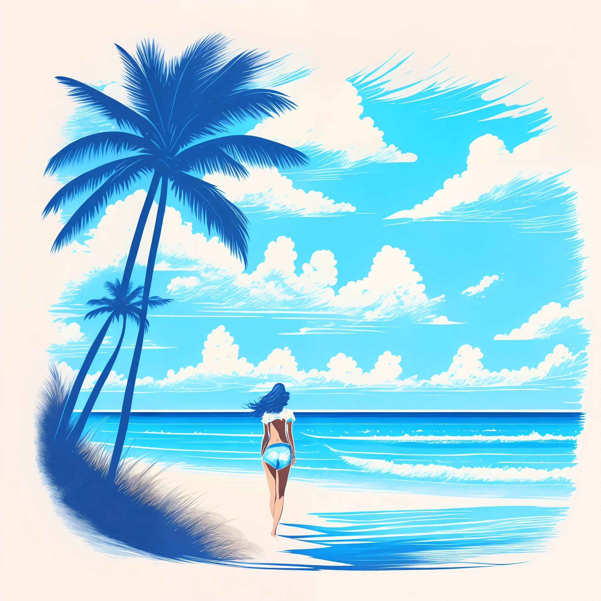 "Hand drawn nostalgic t-shirt design，The blue sky and white clouds of Sunny Beach are a beautiful scenery，Bikini woman walking, The shadow of the coconut tree falls gracefully. Add dynamic lines to enhance visual storytelling."