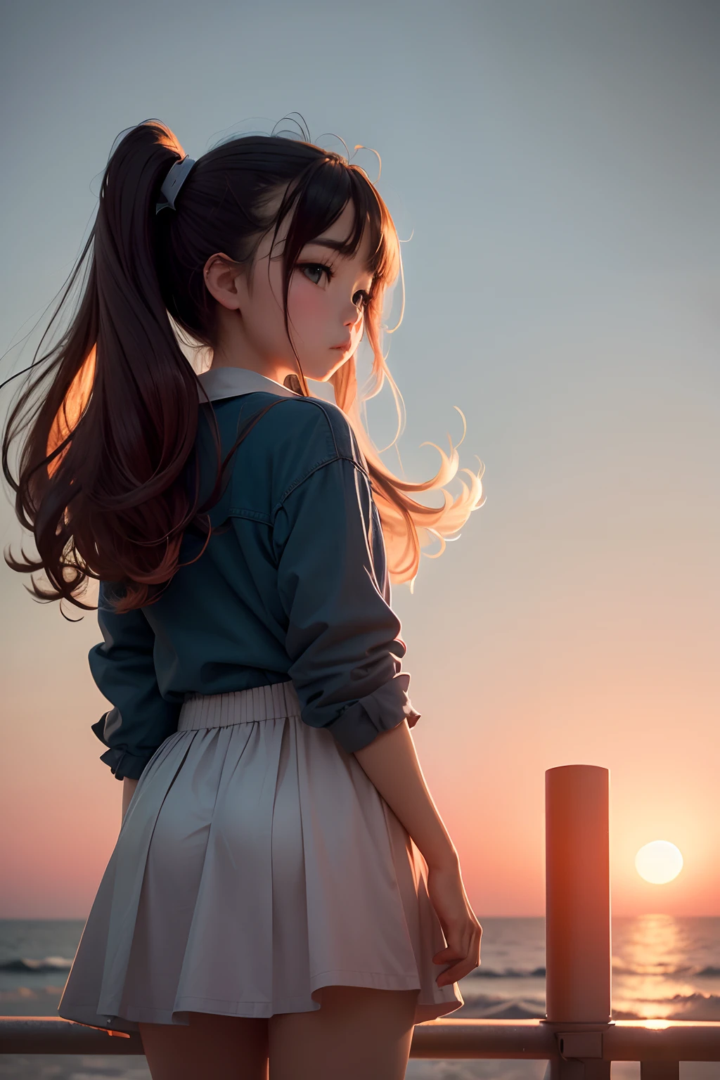 A girl watches the sunset with a telescope,Her hair fluttered in the wind。8K quality,Backshot,quadratic element --auto