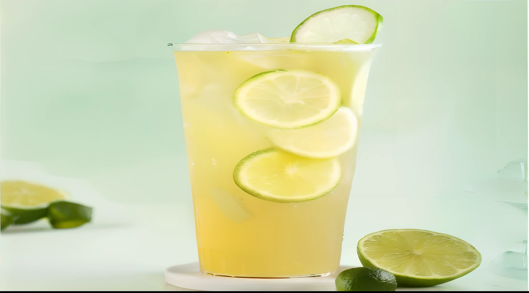 There was a large glass of lemonade next to it，Top with lime slices, 🍸🍋, tall iced tea glass, cold drink, 🐿🍸🍋, Lime, lemonade, ❤🔥🍄🌪, it has lemon skin texture, citrine, drink, iced tea glass, Sour, golondrinas, lime and gold hue, promo image
