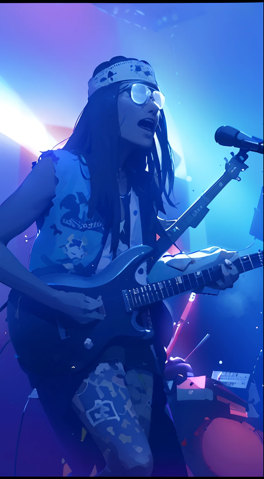 Araffe playing a guitar on stage with a microphone and a microphone stand, tocando guitarra no palco, Imagens do concerto, 2 0 1 5 videoclipe ao vivo, guitarrista, Apresentando-se no palco, editing, foto do concerto, Johnny Silverhand, taken in the late 2010s, mais detalhes, rocking out, live performance, Rocha, solo de guitarra, acoustic guitar, cyberpunk