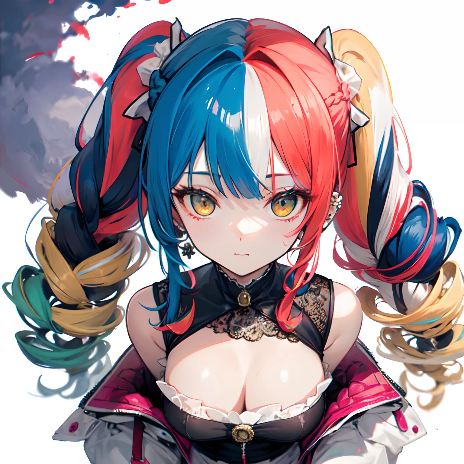 from above,face,solo,(dreadlocks:1.4),drill hair,afro,ponytail,two side up,hime cut,twintails,braid,(hair bun:0.7),(wavy multicolor hair:1.2),(smokeanywhere:1.4),piercing
