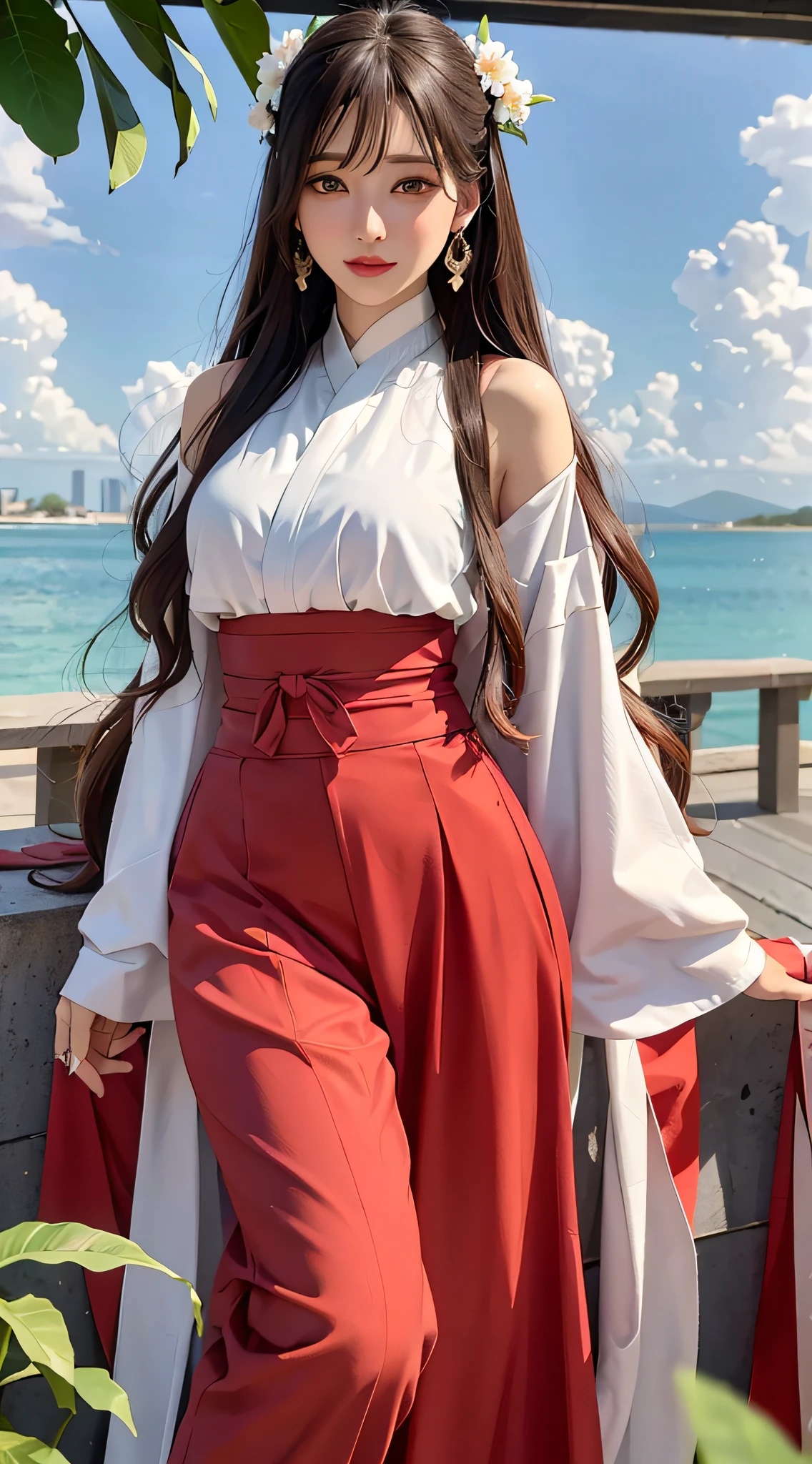 Arad woman posing for a photo in a white shirt and red pants, funny costume, hanbok in long and fluent clothes, white hanbok, glass ball at waist, hanbok, sakimichan, 8k)), waist - lens, middle view, popular in CGSTATION, very clear details, hanbok apron, very clear face details, very clear chest details