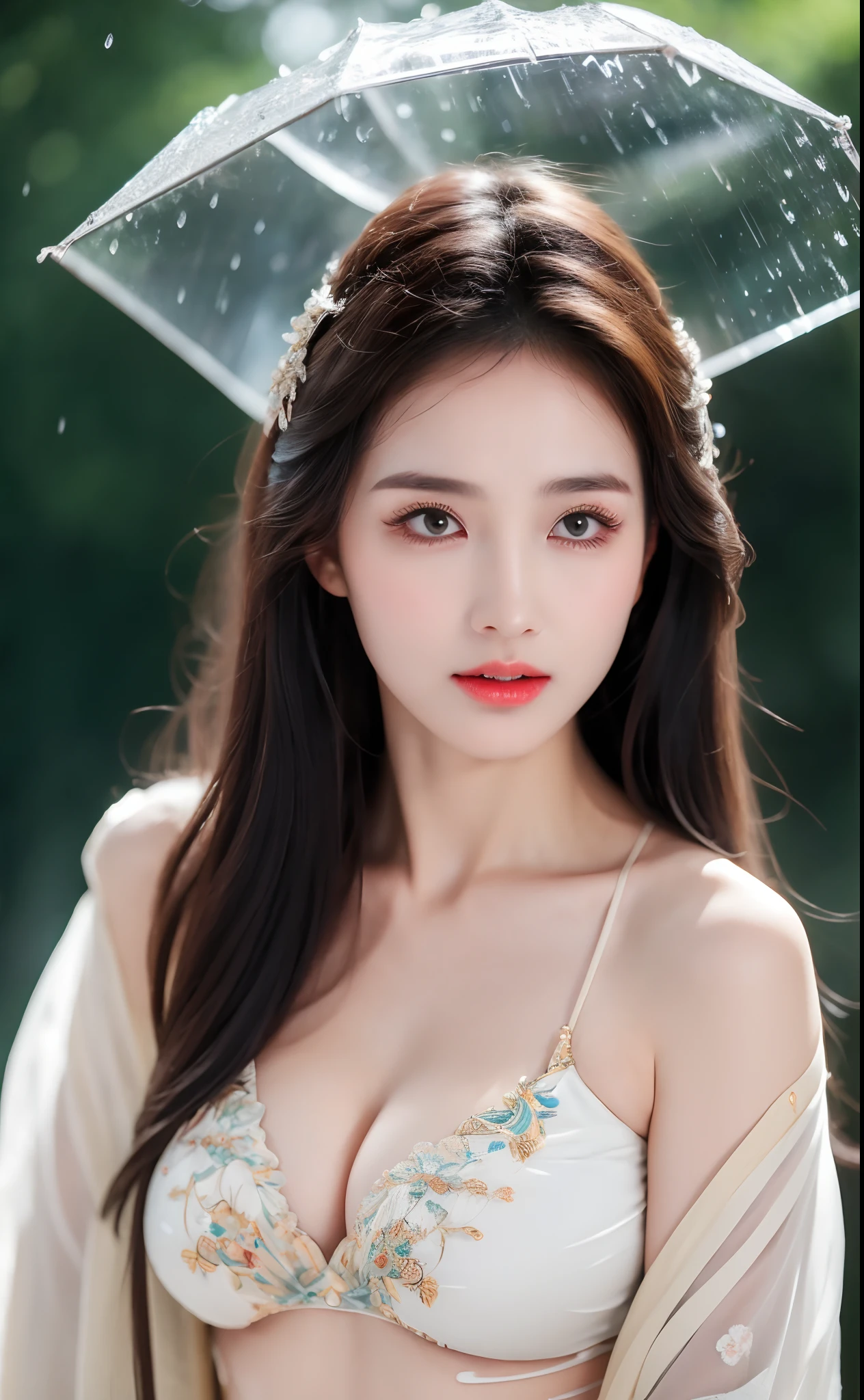 ((Best Quality, 8k, Masterpiece: 1.3)), Focus: 1.2, Perfect Body Beauty: 1.4, Buttocks: 1.2, ((Layered Haircut)), (Wet Clothes: 1.1), (Rain, Street:1.3), (Breasts: 1.2), (Hanfu: 1.2), Bare Shoulders, Bare Legs, Highly Detailed Face and Skin Texture, Fine Eyes, Double Eyelids, Whitened Skin, Long Hair, (Shut Up: 1.5), (Bokeh Background: 1.5), Big Breasts
