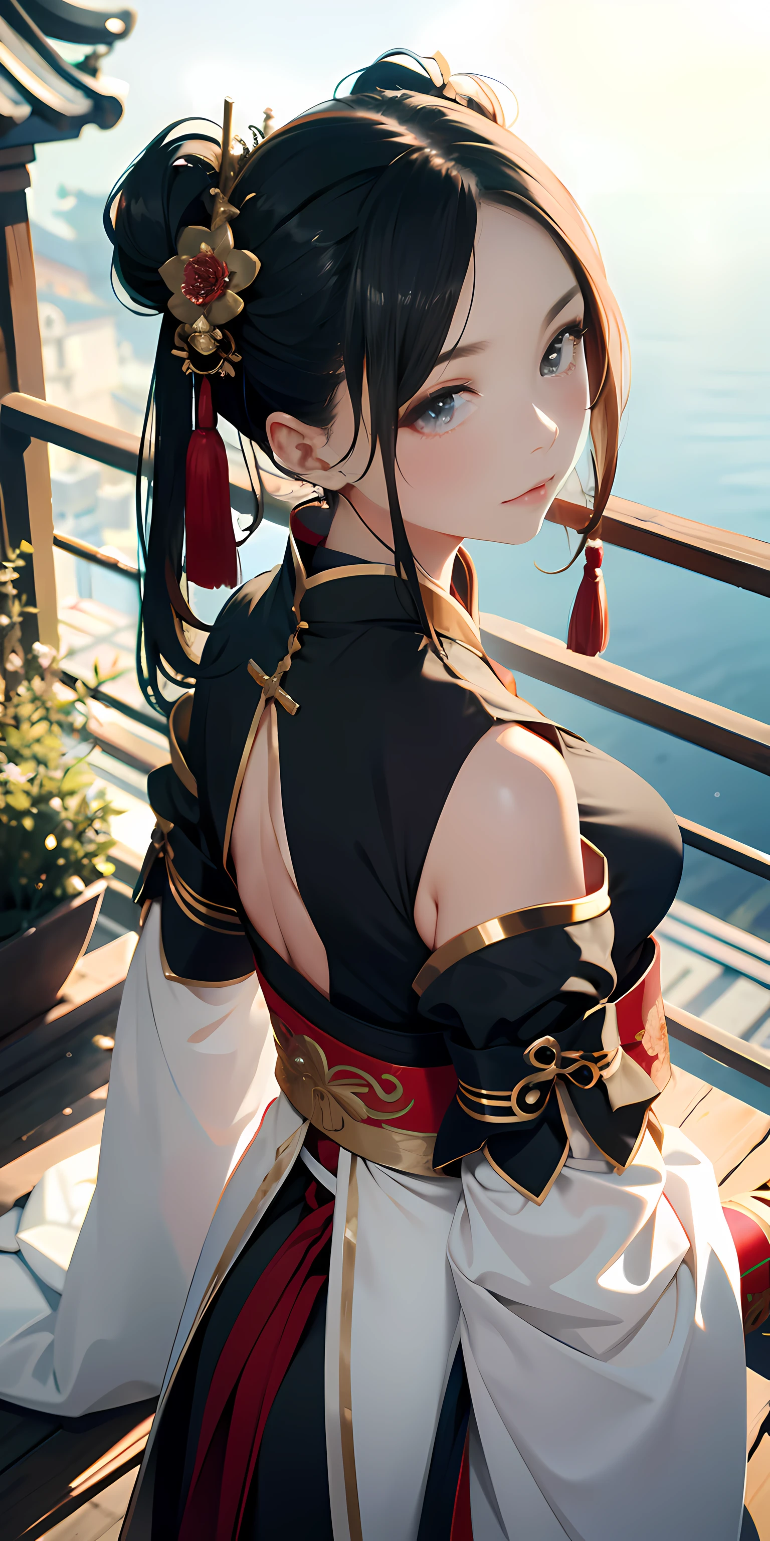Ridiculous resolution, A high resolution, (Masterpiece:1.4), ultra - detailed, 1boy , whaite hair,Chinese big breasts,Hanfu,longer sleeves,Faraway view,looking from above, the space, afloat,Chinese red --v 6