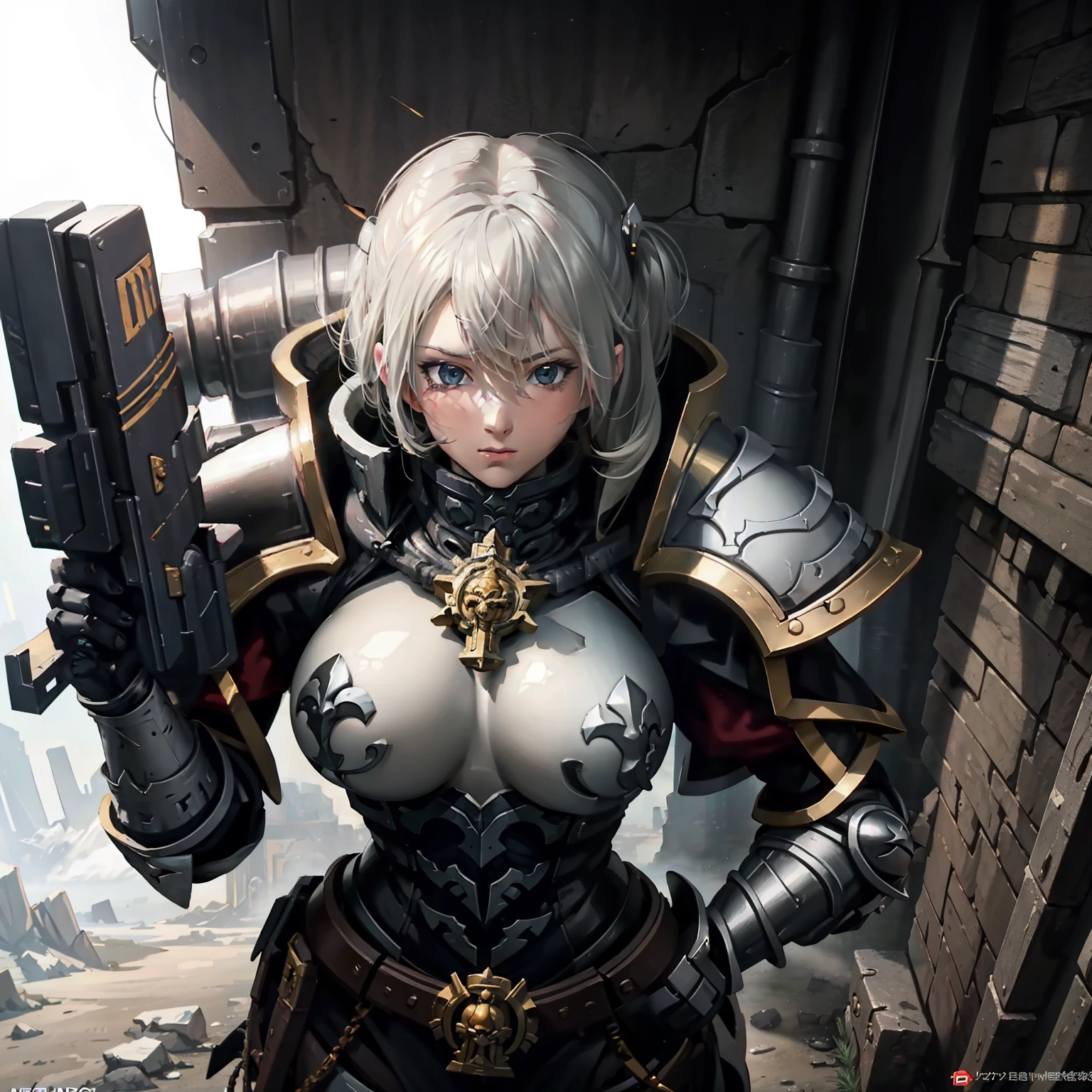 Close-up of a woman dressed in black and white, Armor Girl, biomechanical oppai, glossy white armor, bikini armor, bikini armor, Anime goddess, pvc armor, fus rei, Female action anime girl, gynoid body, cushart krentz, oppai, bikini armor, Anime girl, Shiny plate armor，fantasy paladin woman, warhammer 4 0 k fantasy, picture of female paladin, Warhammer fantasy art, warhammer 4 0 k artwork，warhammer 4 0 k artwork,  2b, High quality digital concept art, wh 4 0 k art, warhammer 4 0 k fantasy, warhammer 40k style, WH40K, w 4 0 k, warhammer art