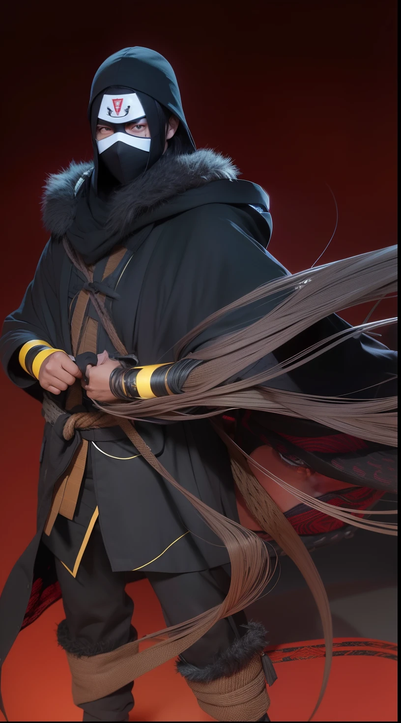 "1man,kakuzu,realistic,man with mask, yellow eyes, black stitches, black robe, ultra detailed"