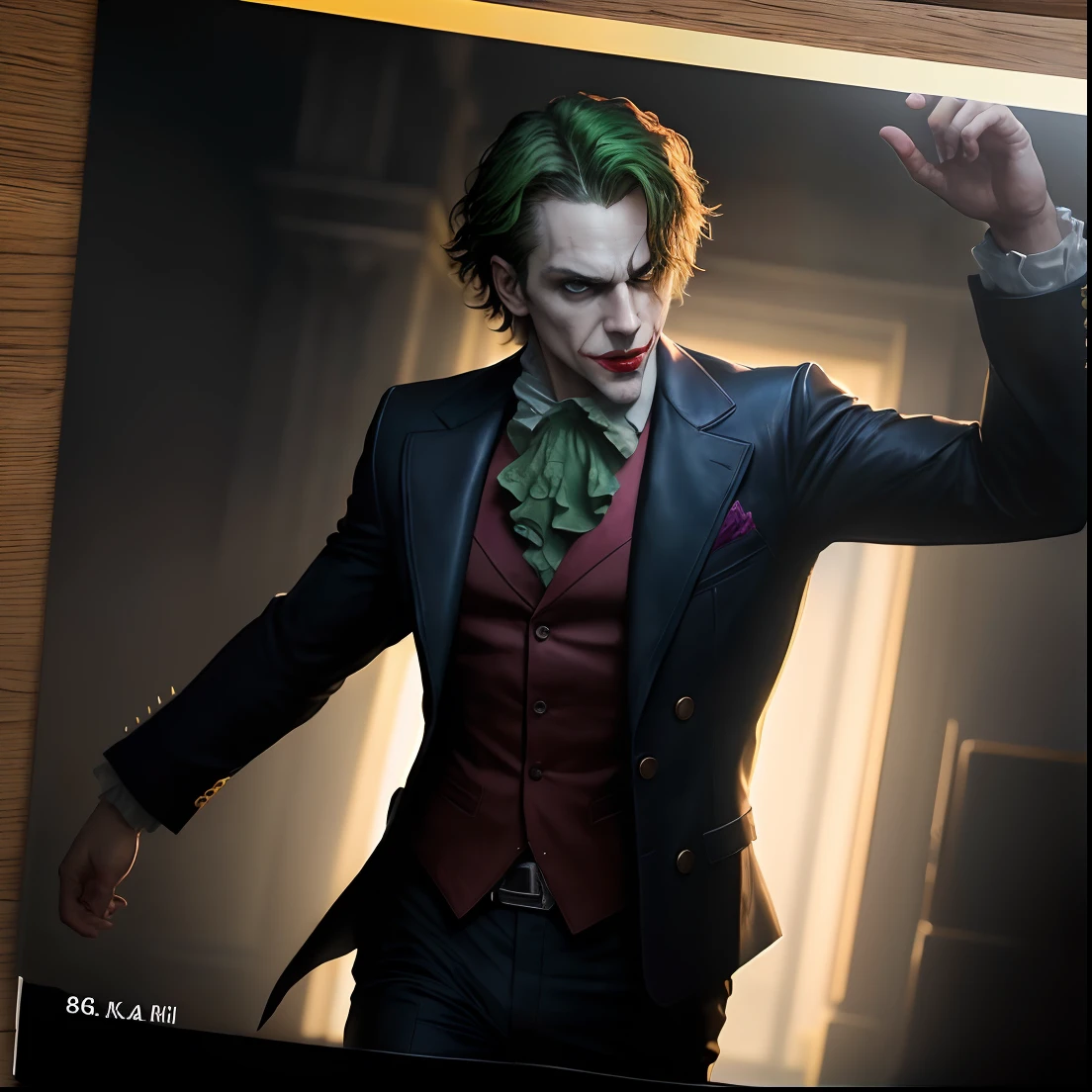 (8k, RAW photo, best quality, masterpiece:1.2), ultra detailed, official art, photo-realistic:1.37, upper body shot, DC Joker, film grain, action pose