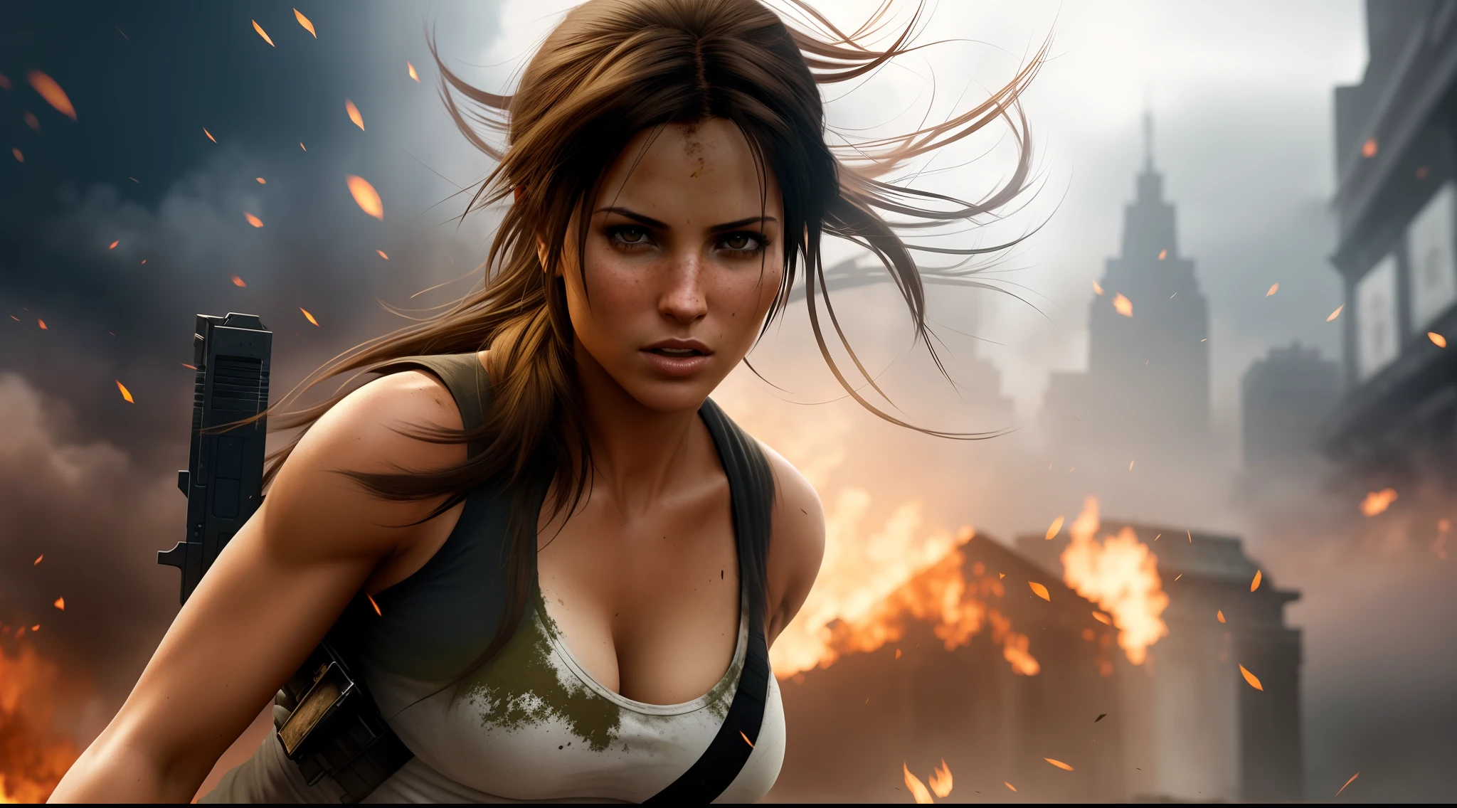 Woman with gun in city with fire, Tomb Raider Beautiful, 「Tomb Raider」Movie Still, Portrait of Lara Croft, Tomb Raider Settings, lara croft relaxing, Tomb Raider, Tomb Raider (2018), muscular sweat lara croft, Megan Fox: Lara Croft, style of raymond swanland, wojtek fus, ultrarealistic concept art, avatar image,bra very,