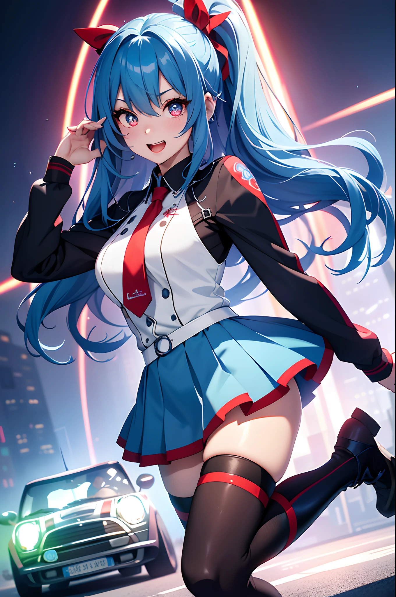 (top-quality、in 8K、32K、​masterpiece、UHD、ighly detailed、Photorealsitic:1.2)、Full body, (Circuit field、sports car on the background、mini:1.4)、sunlights、deep-shadows、Realistic pupils、Sharp pupils、detailed faces and eyes、beauitful face、１８Old Beautiful Girl、shinny skin, Beautiful blue hair、Twin-tailed、Red Eyes、beauitful face、Bright lace queen outfit、a miniskirt、Wearing boots、Absolute area、Tie your hair with a big red ribbon、Curve、raise arms、Opens mouth and laughs、