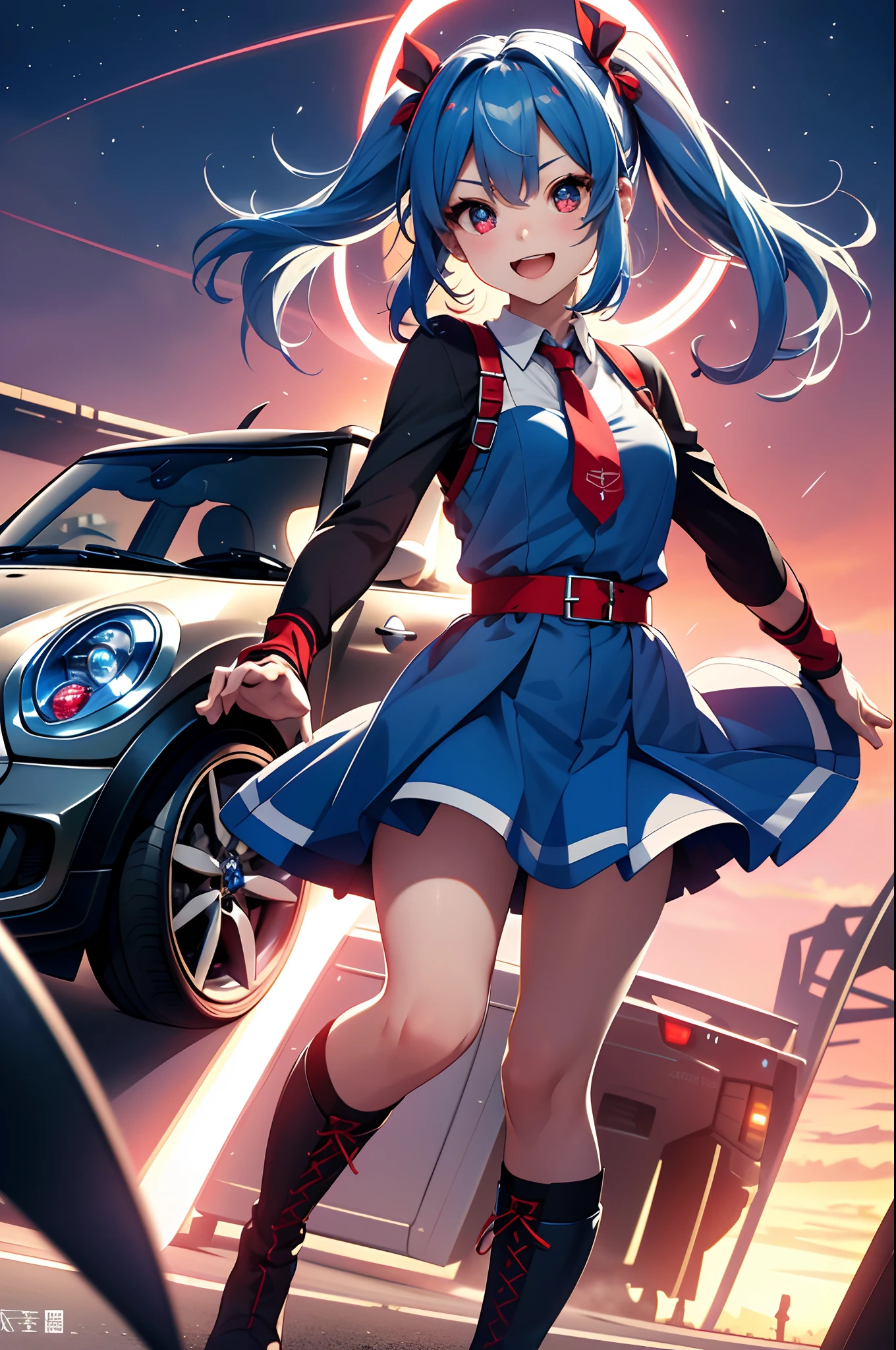 (top-quality、in 8K、32K、​masterpiece、UHD、ighly detailed、Photorealsitic:1.2)、Full body, (Circuit field、sports car on the background、mini:1.4)、sunlights、deep-shadows、Realistic pupils、Sharp pupils、detailed faces and eyes、beauitful face、１８Old Beautiful Girl、shinny skin, Beautiful blue hair、Twin-tailed、Red Eyes、beauitful face、Bright lace queen outfit、a miniskirt、Wearing boots、Absolute area、Tie your hair with a big red ribbon、Curve、raise arms、Opens mouth and laughs、