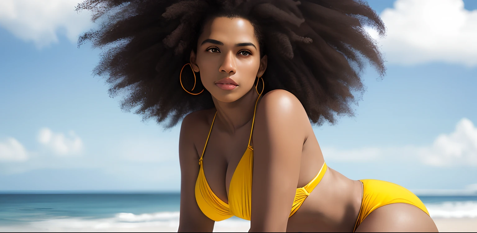 Melhor qualidade, corpo completo, mulher, afrodescendente de biquini sensual amarelo, pousando pra uma foto em frente a praia particular, corpo definido musculoso, pernas sexy, exagerado, cabelos pretos longos sexy, high quality,  Cinematographic photo, corpo inteiro, wearing bikini, visual sedutor, ((detailed facial features)), (cores frias), detalhes intrincados, profundidade de campo rasa, [Volumetric mist], cinematic lighthing, reflexos, fotografado em uma Canon EOS R5, lente de 50 mm, F/2.8, HDR, 8 k resolution, foto cinematográfica do The Expanse