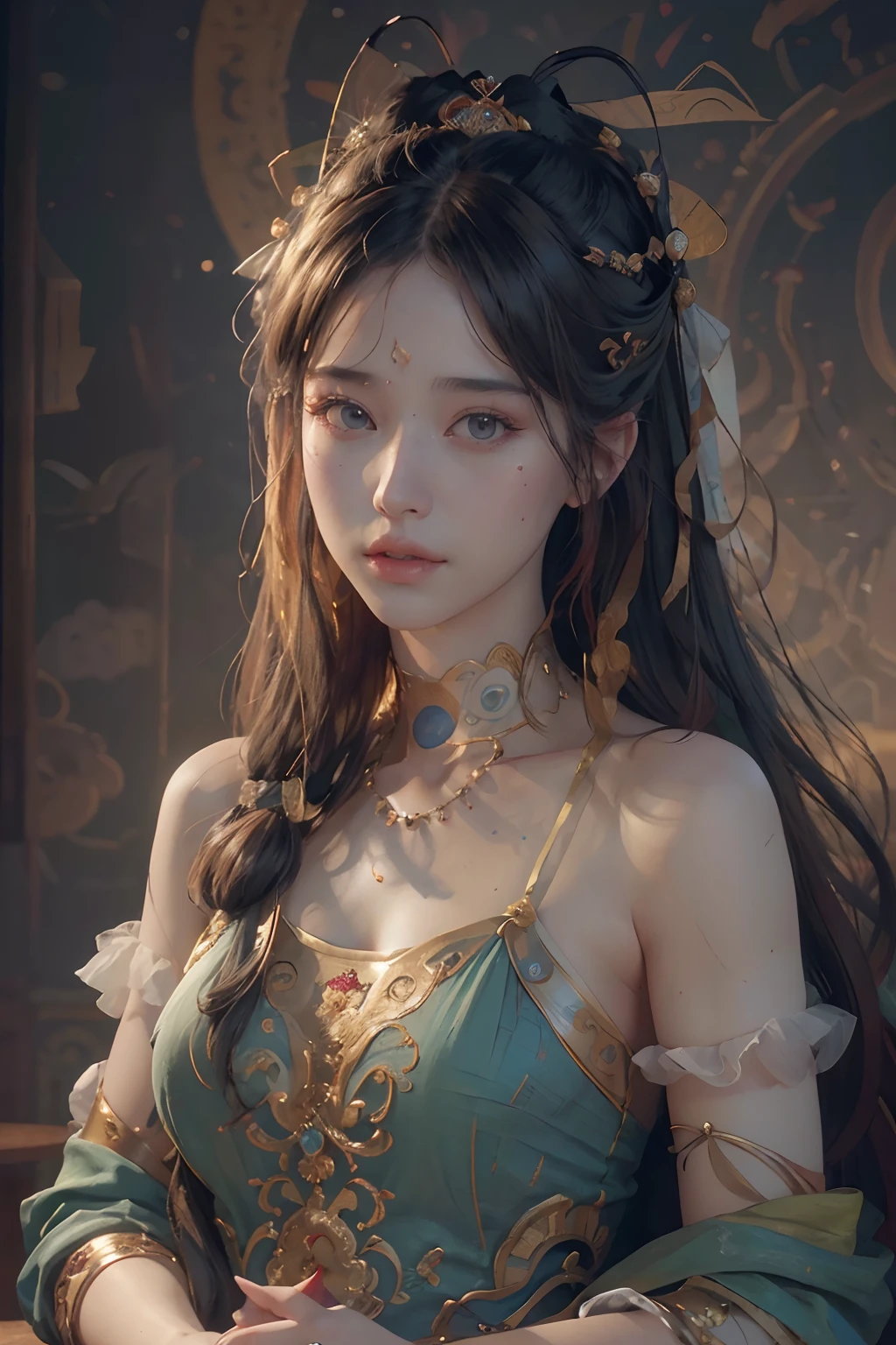 (RAW photo, best quality), (realistic, photo-realistic:1.3),best quality,highly detailed,masterpiece,ultra-detailed,illustration,1girl,upper_body,dynamic angle,world masterpiece theater,messy_long_hair,best quality,extremely detailed CG unity 8k wallpaper,ink,Amazing,cinematic lighting,lens_flare,,dunhuang_style