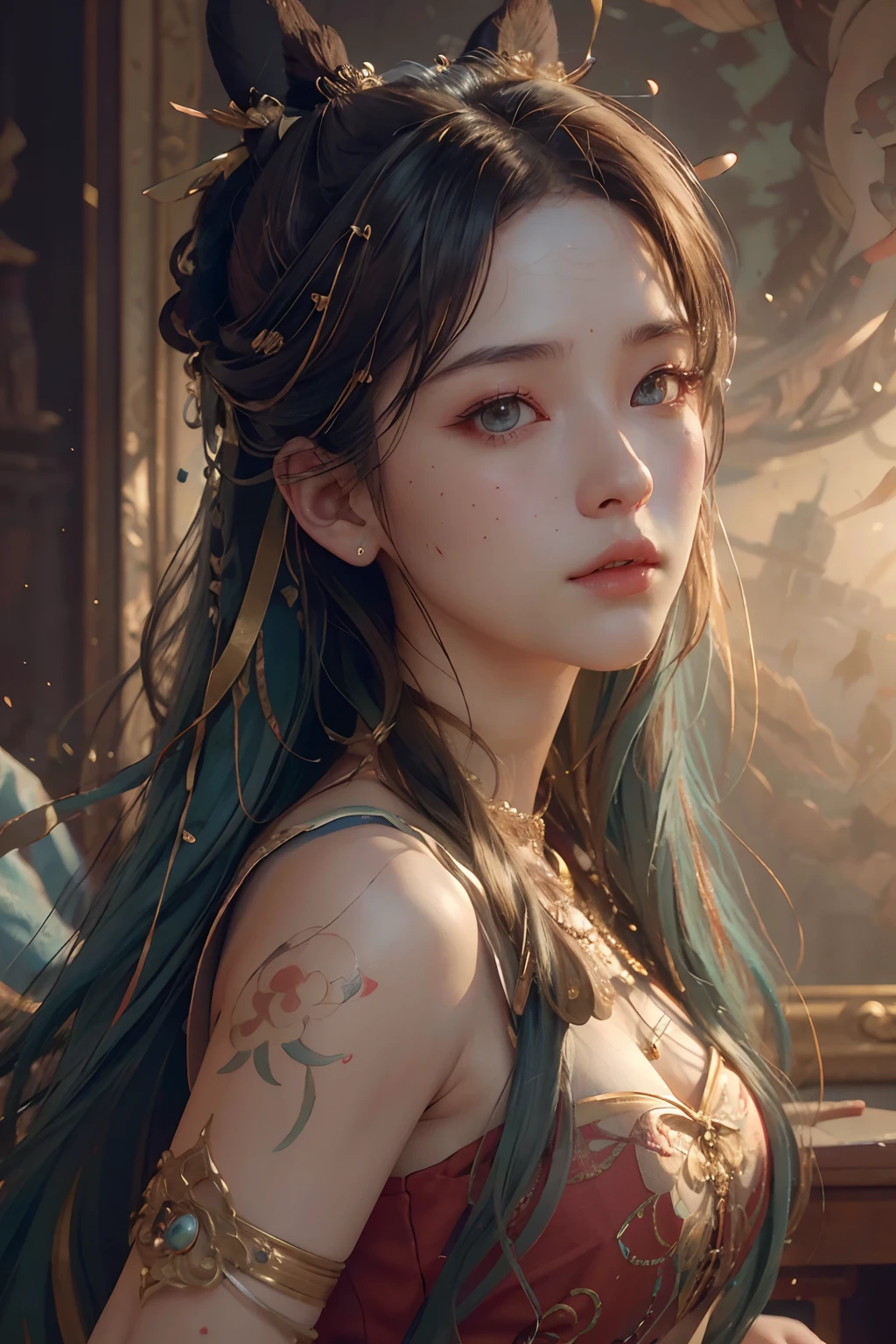 (RAW photo, best quality), (realistic, photo-realistic:1.3),best quality,highly detailed,masterpiece,ultra-detailed,illustration,1girl,upper_body,dynamic angle,world masterpiece theater,messy_long_hair,best quality,extremely detailed CG unity 8k wallpaper,ink,Amazing,cinematic lighting,lens_flare,,dunhuang_style