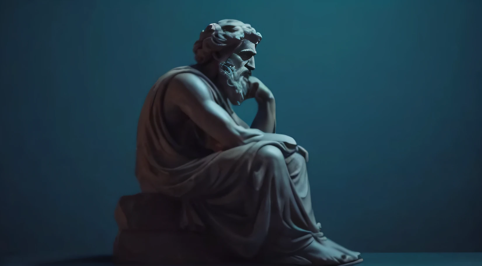 a statue of a man sitting on a rock with his hand on his chin with temple background, Estoicismo, philosopher, Pose estoica, an ancient greek statue, divino e estoico, inspired by Theophanes, o grego, classical statue, stoic, estoico and calm, Greek statue, a statue, theophanes, by Theophanes, o grego