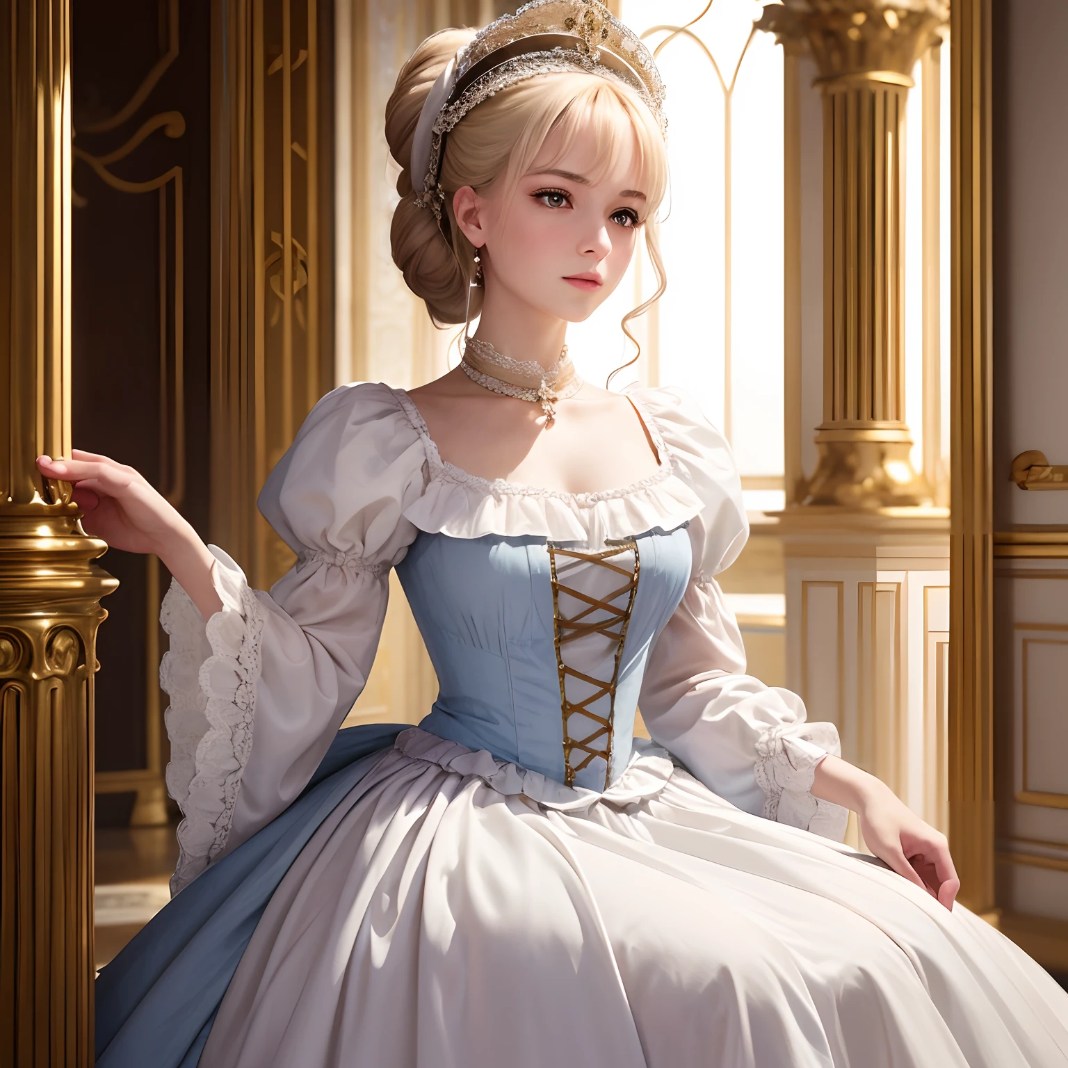 top-quality(Highest Quality) , High quality(hiquality)　etc ○○ detailed – ○○ details ultra detailed(Ultra-fine ) , Extremely detailed(Extremely detailed) , Finely detailed(Fine-grained)　etc ○○ res – ○○ resolution ultra high res(超A high resolution) , very high res(hight resolution)　etc Realistic – Realistic Photorealistic – photorealistic beautiful – beautiful 4k , 8K , 16K – 4K image quality , 8K , 16k distinct – clearly Best Aesthetic – Supremely Aesthetic ，Marie Antoinette，Palace of Versailles，medieval times，ue，（（1girl in）），up hairstyle，French dress，（（Ankle-length long dress）），rokoko，pannier，hoop skirt，Perfect fingers