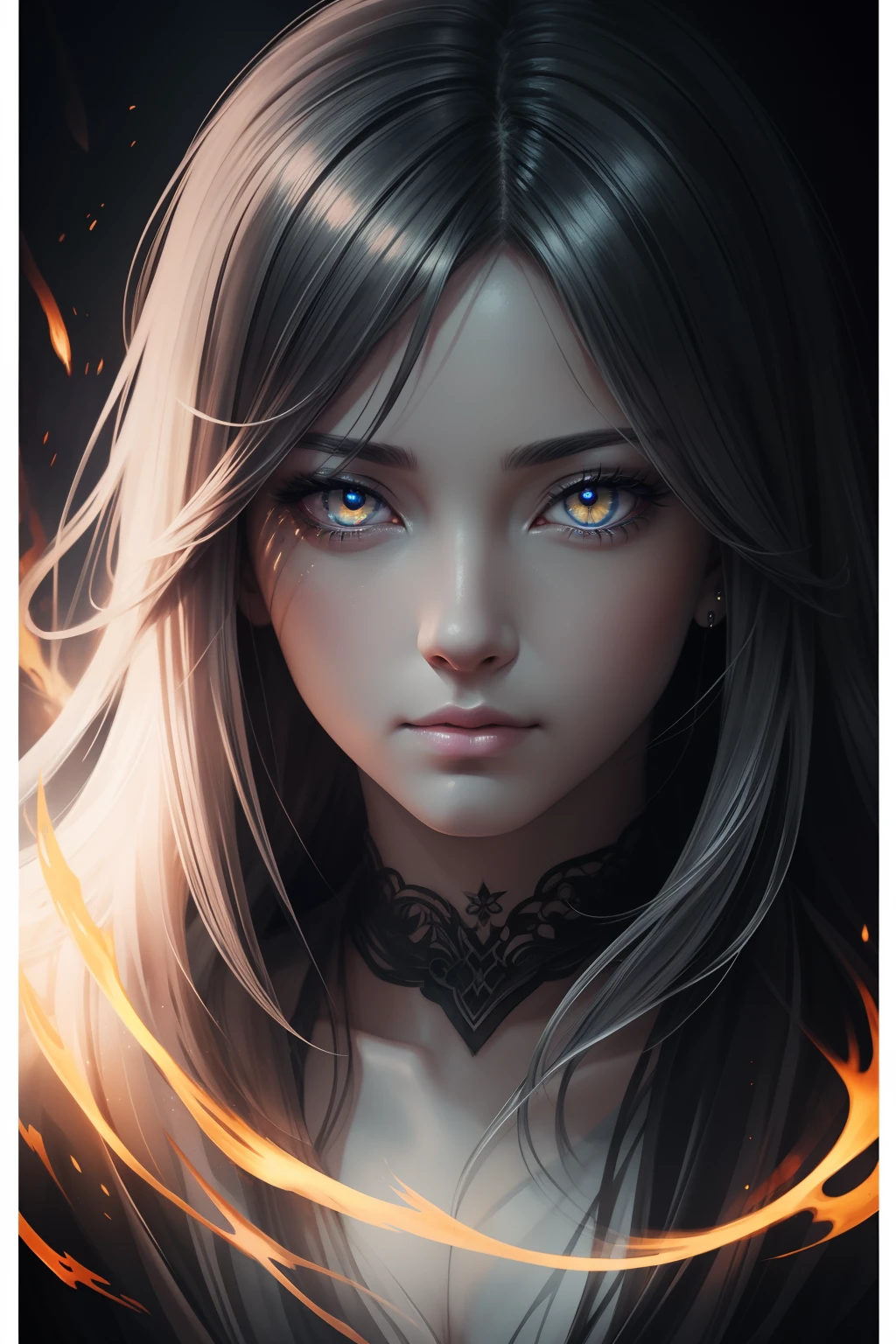 best quality, smooth ink water wash line art, digital painting, a woman like spirit, glowing eyes, bright cold flame light from inside the eyes, without pupils , hyper detailed sharpen eyes, hyper realistic, intricately detailed, cool