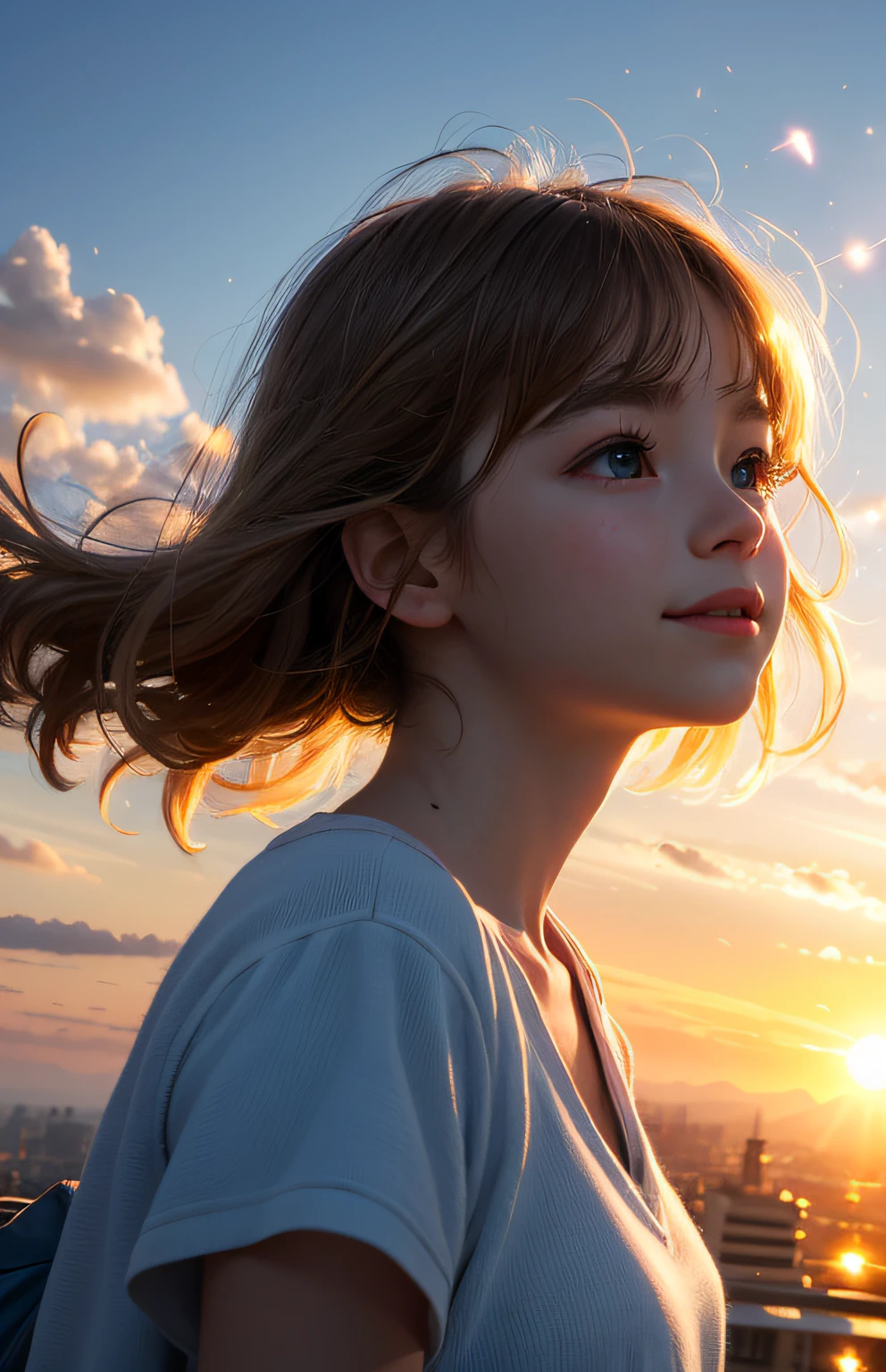 masterpiece, best quality, movie still, 1girl, cloud girl, floating in the sky, close-up, bright, happy, warm soft lighting, sunset, (sparks:0.7), light particles, volumetric lighting