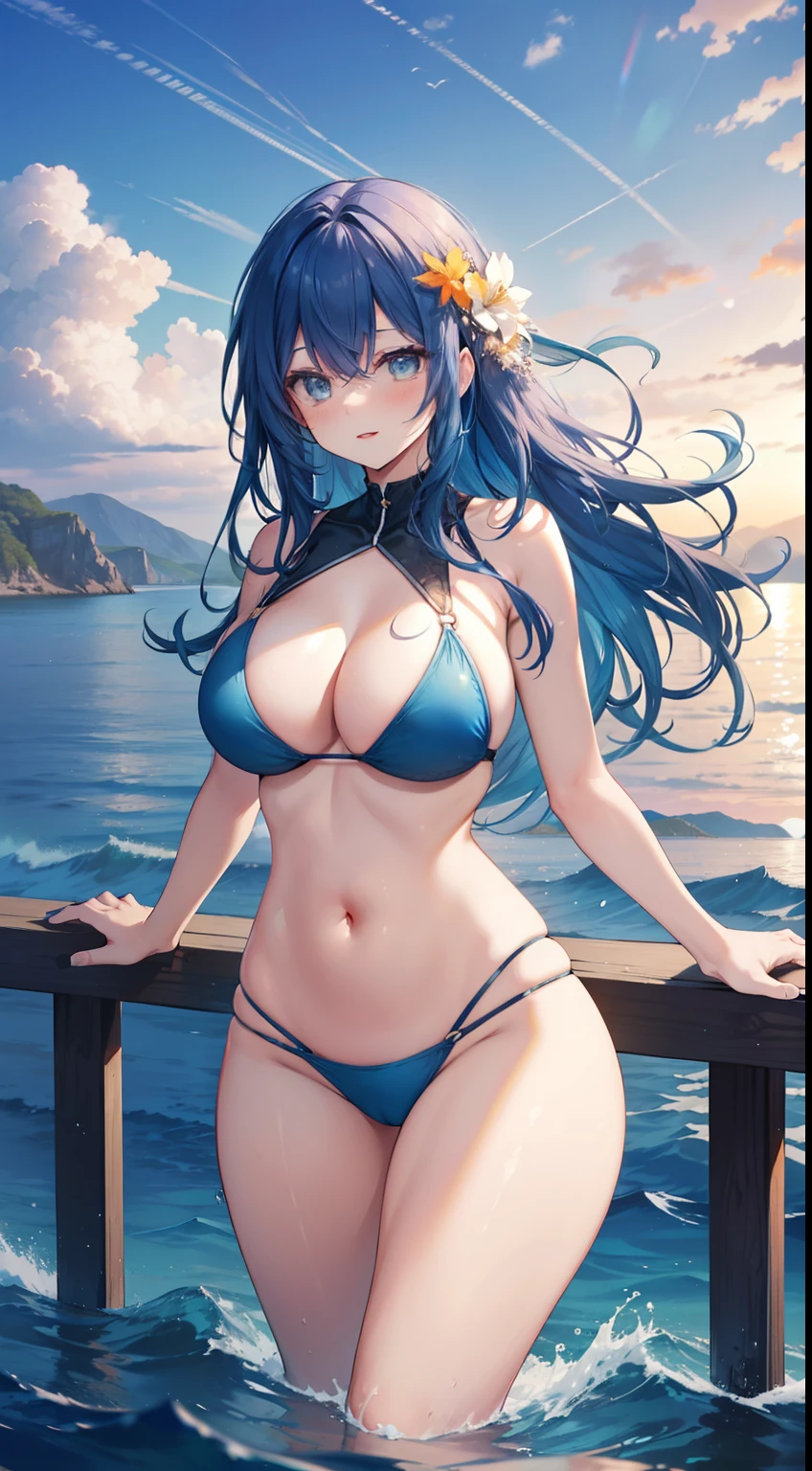 Full size adult woman, big blue hair color, full height, light eyes, smiling, mouth, lips, wearing transparent, hand holding handrail, ahageo-shaped grimace, ((sexy bikini)), perfect belly, thin waist , big chest, white skin color, thick legs, thick thighs, bangs, side locks, mountain, yellow leaves of trees, background scenery, on water, sunset, ocean, waves on water, ultra detailed water, lighting sole , beautiful afternoon, clouds, wind in the hair, leaves flying, details in the environment, more vivid colors, saturated effect