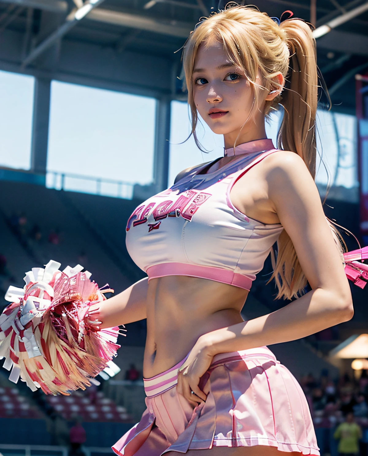 1girl, (Blue Eyes), cute smile, ((Sana Minatozaki)), wide hips, Big Boobs, big ass, (Best Quality, 8k, Masterpiece: 1.3), Clear Focus: 1.2, Perfect Body Beauty : 1.4, Slender Abs: 1.2, Highly detailed face and skin texture, detailed eyes, double eyelids, (twintails blonde hair), (cheerleader), pink cheerleader uniform, holds sparkly pompoms, standing in a basketball stadium, grandstands in the background