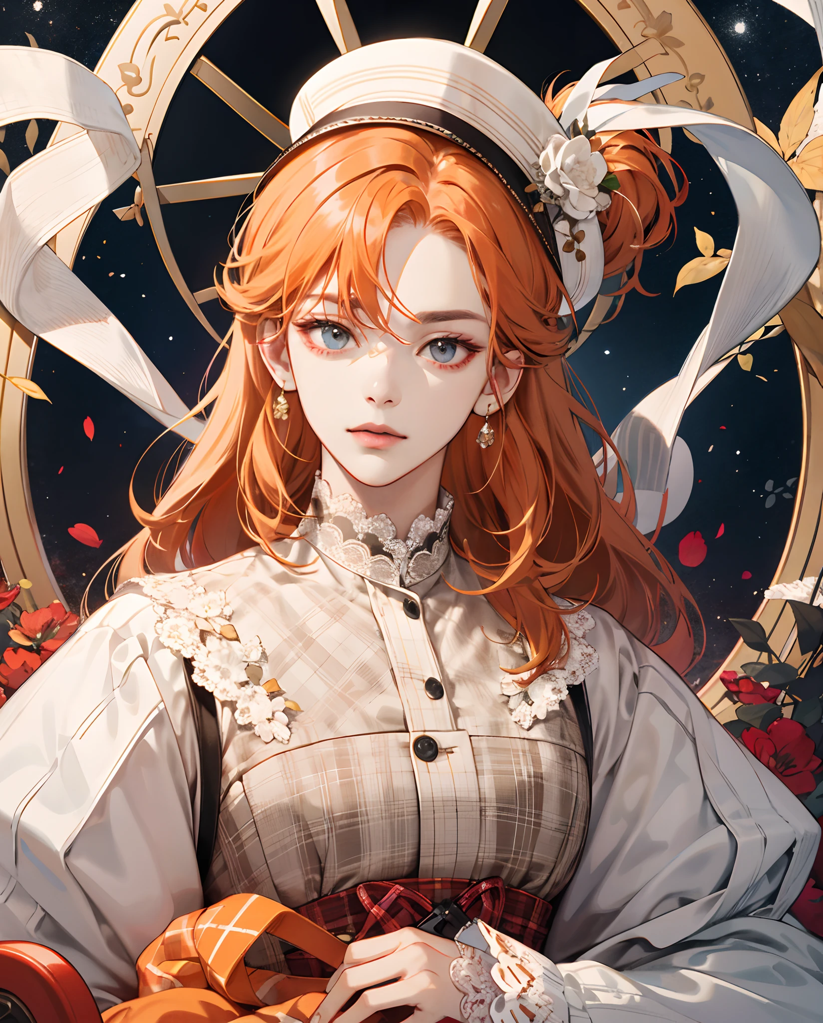 Anime girl with red hair and a white dress sitting in a chair - SeaArt AI
