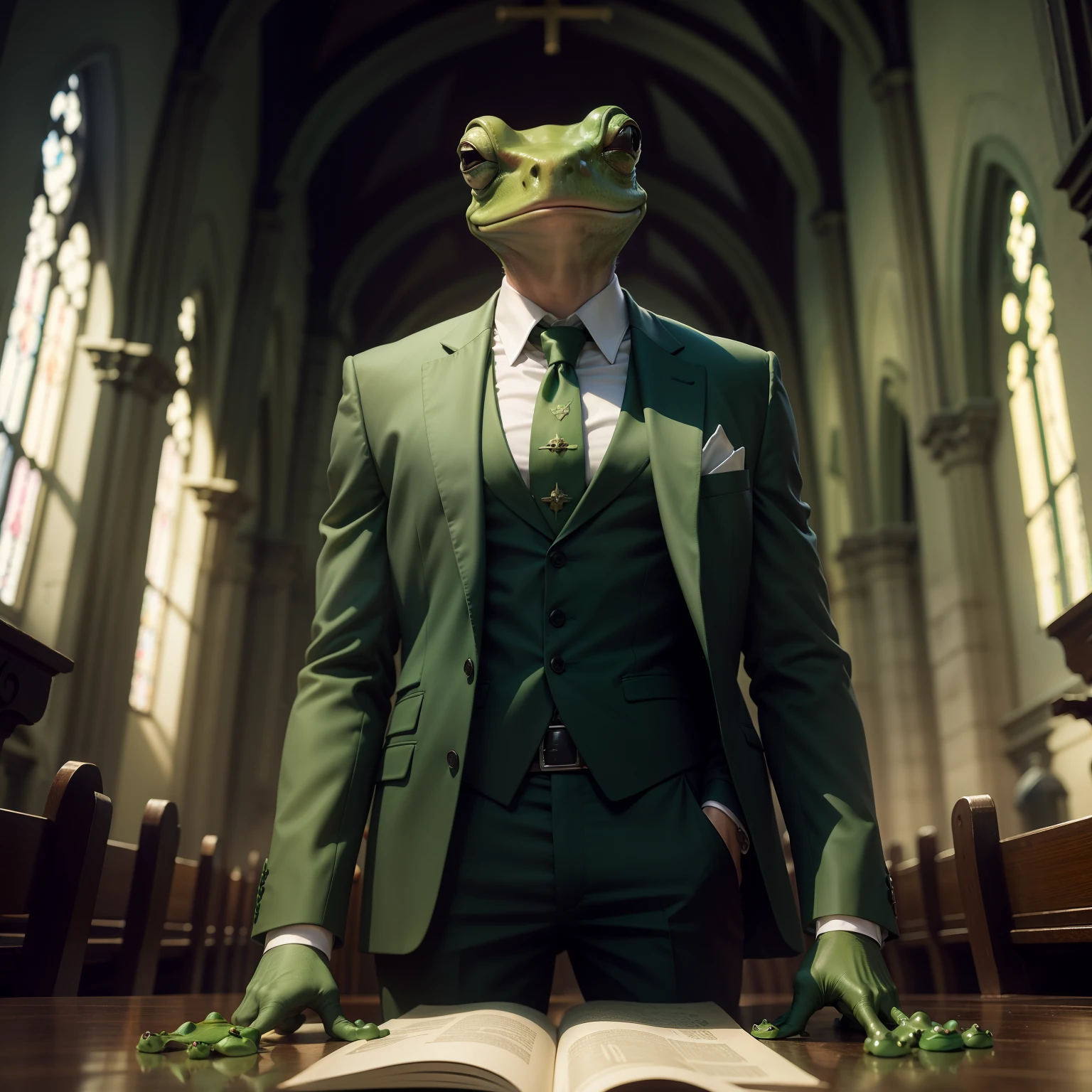 Gangster frog，Green suit，inside a church， brother surrounds，AK47，Looks fierce，The world drops money，Domineering
