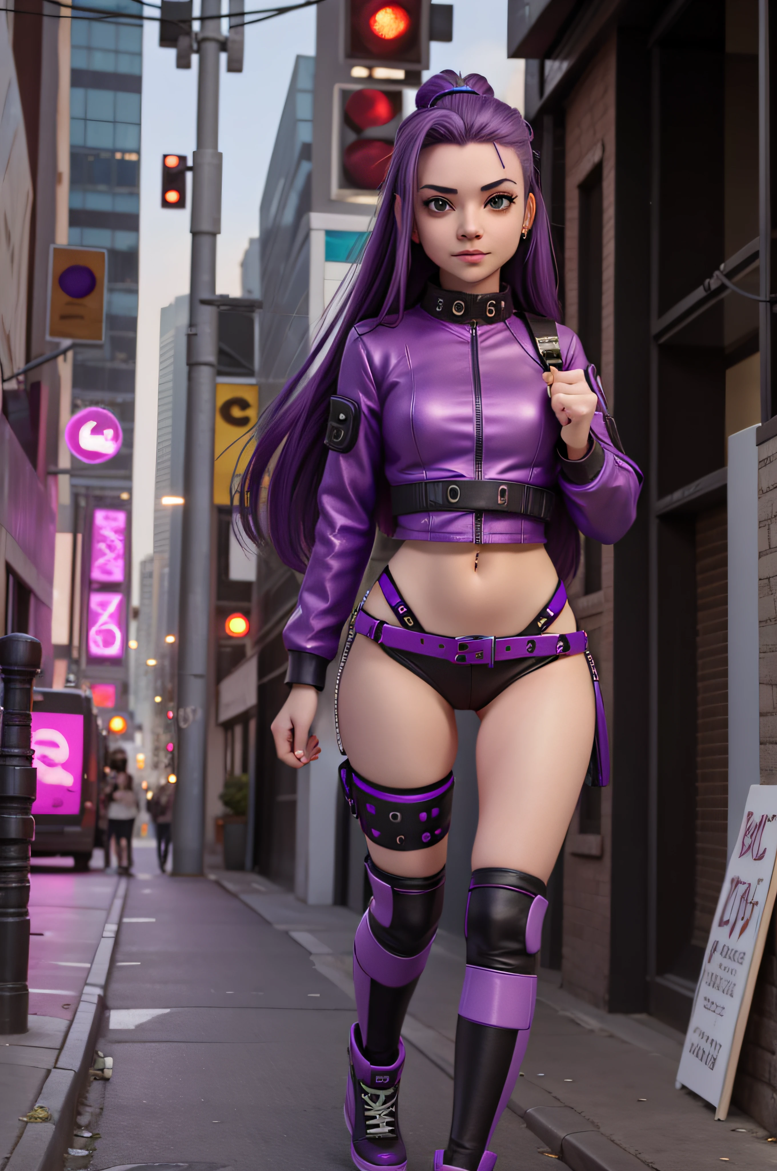 1 girl, 18 years old, purple hair, cyberpunk outfit, futuristic city, navel piercing