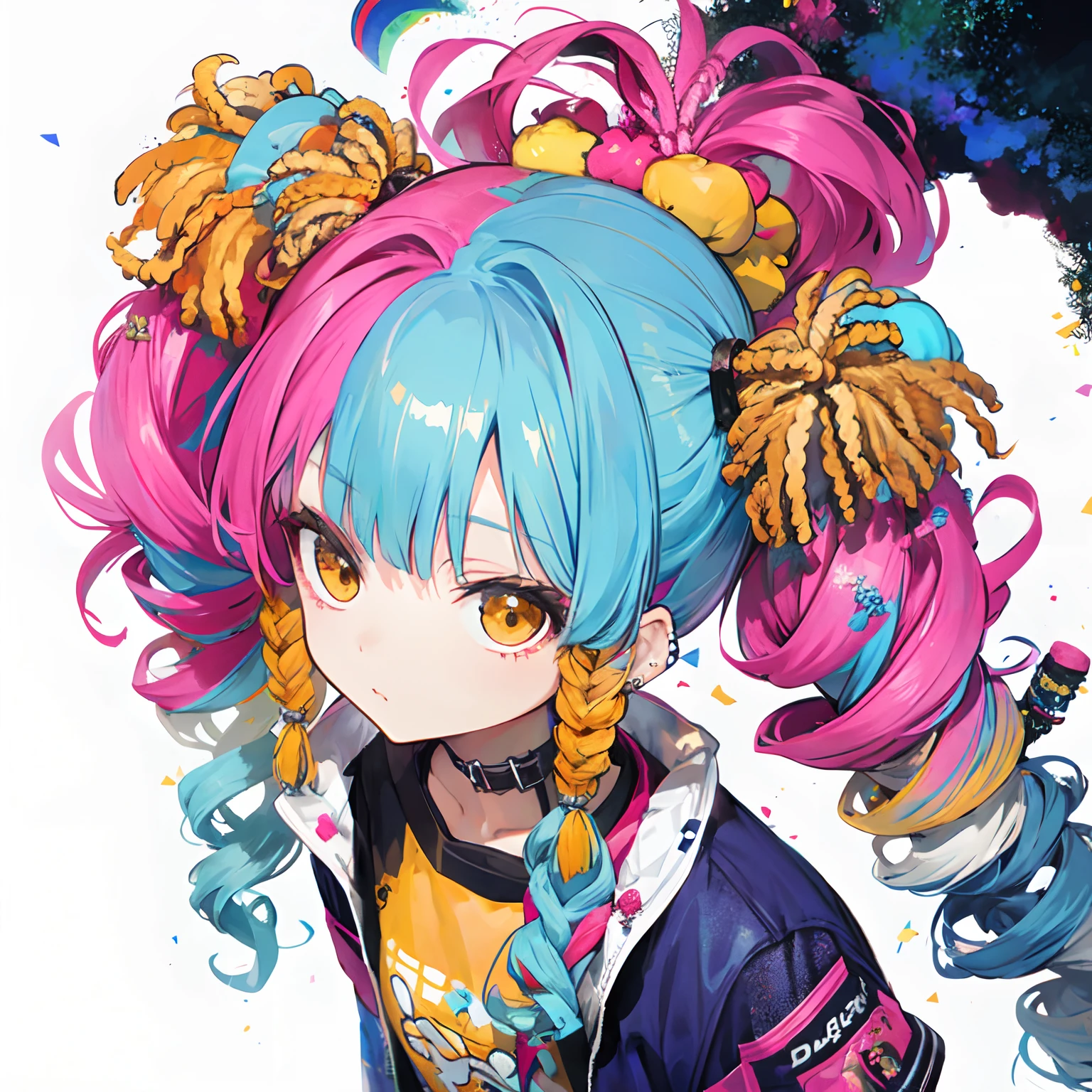 from above,face,solo,(dreadlocks:1.4),(drill hair,afro,ponytail,two side up,hime cut,twintails,braid,hair bun:0.9),(wavy multicolor hair:1.2),(smokeanywhere:1.4),piercing