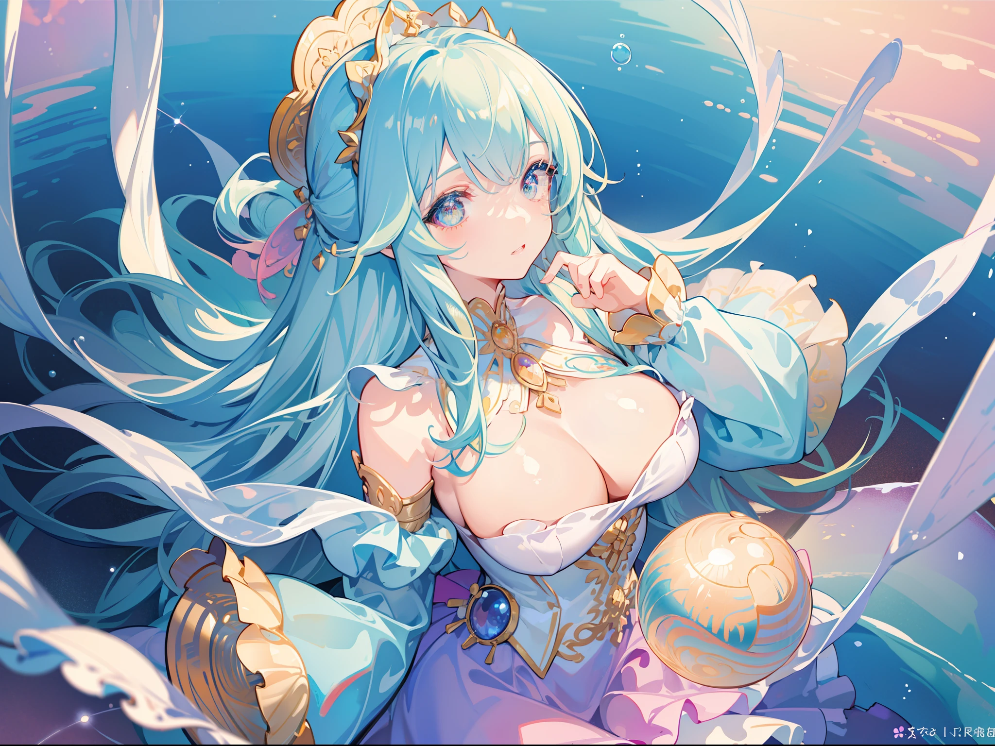 masterpiece, best quality, 8k resolution, sharp focus, intricate detail, beautiful girl, sparkling eyes, golden ratio face, otherworldly liquid, watercolor, pastel colors, bright colors, whimsical, colorful, sharp focus, high resolution, fine detail, ((layered tiered puffy long sleeves ballgown)), ((round eyes)), iridescent bubbles, fantasia background
